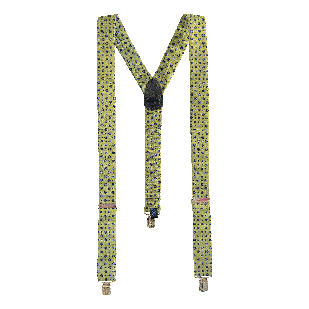 [BR-M-60-6837] Hosenträger aus Seide, Stoff: blaue Blümchen auf limettengrün (6837) (Metallklips)