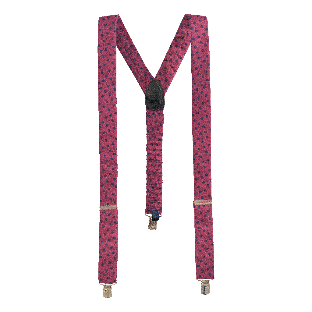 [BR-M-70-7166b] Hosenträger aus Seide, Stoff: dunkelblau wirr gepunktet auf bordeauxrot (7166b) (Metallklips)