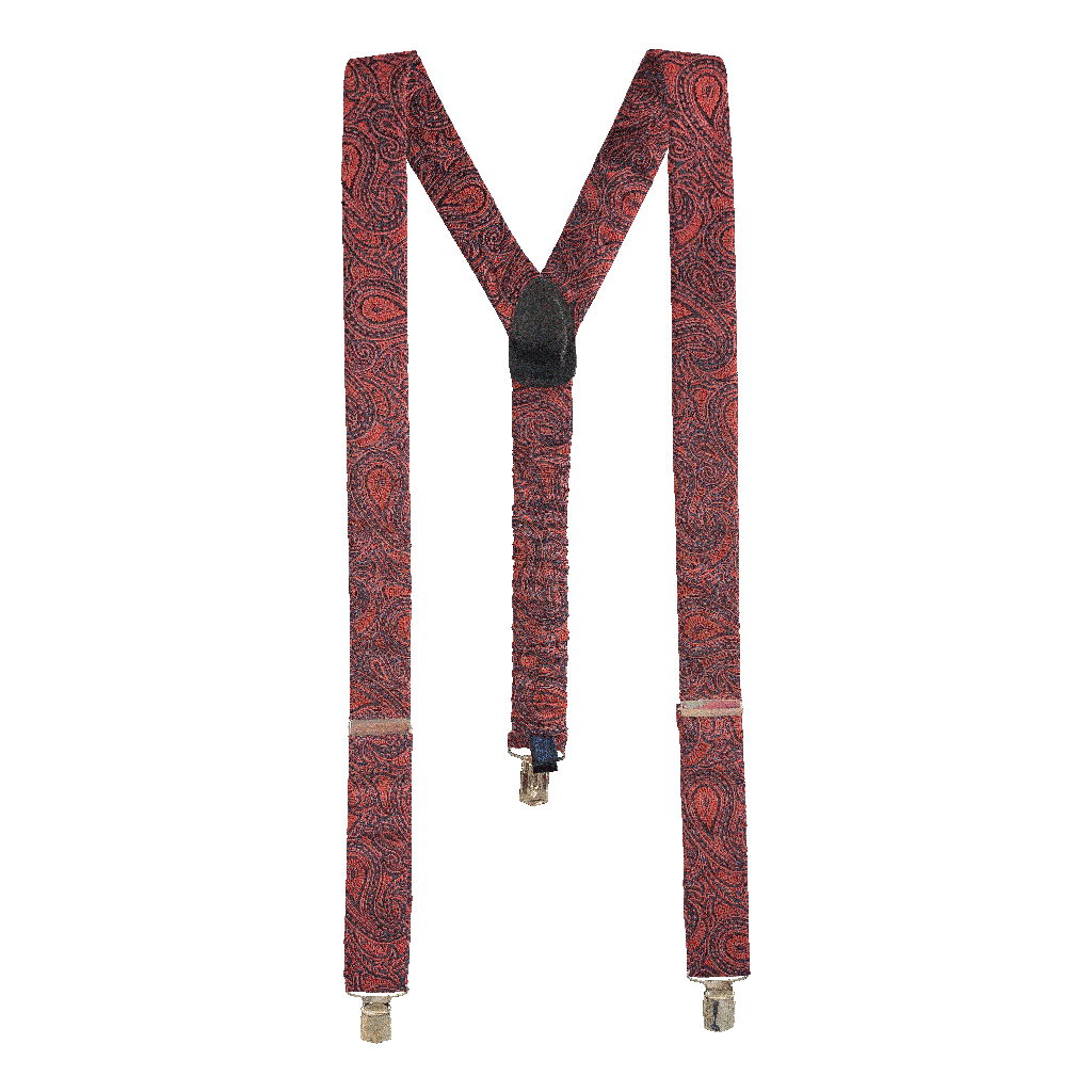 [BR-M-70-7246] Hosenträger aus Seide, Stoff: dunkelblaues Paisley auf rot (7246) (Metallklips)