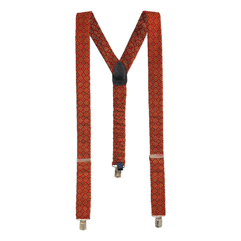[BR-M-70-7370] Hosenträger aus Seide, Stoff: geometrisch gemustert in blau und gelb auf rot (7370) (Metallklips)