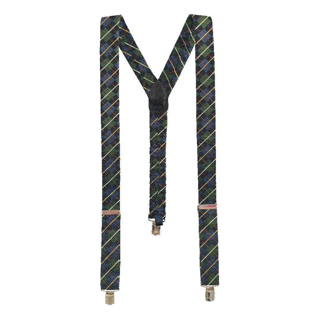 [BR-M-70-7288] Hosenträger aus Seide, Stoff: geometrisch gemustert in dunkelblau und grün (7288) (Metallklips)
