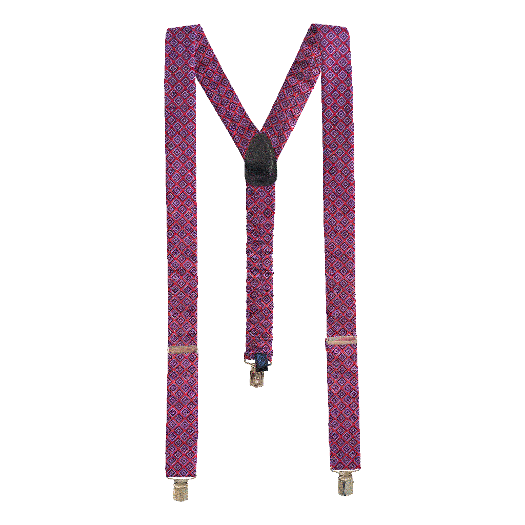 [BR-M-70-7372] Hosenträger aus Seide, Stoff: geometrisch gemustert schwarz und blau auf rot (7372) (Metallklips)