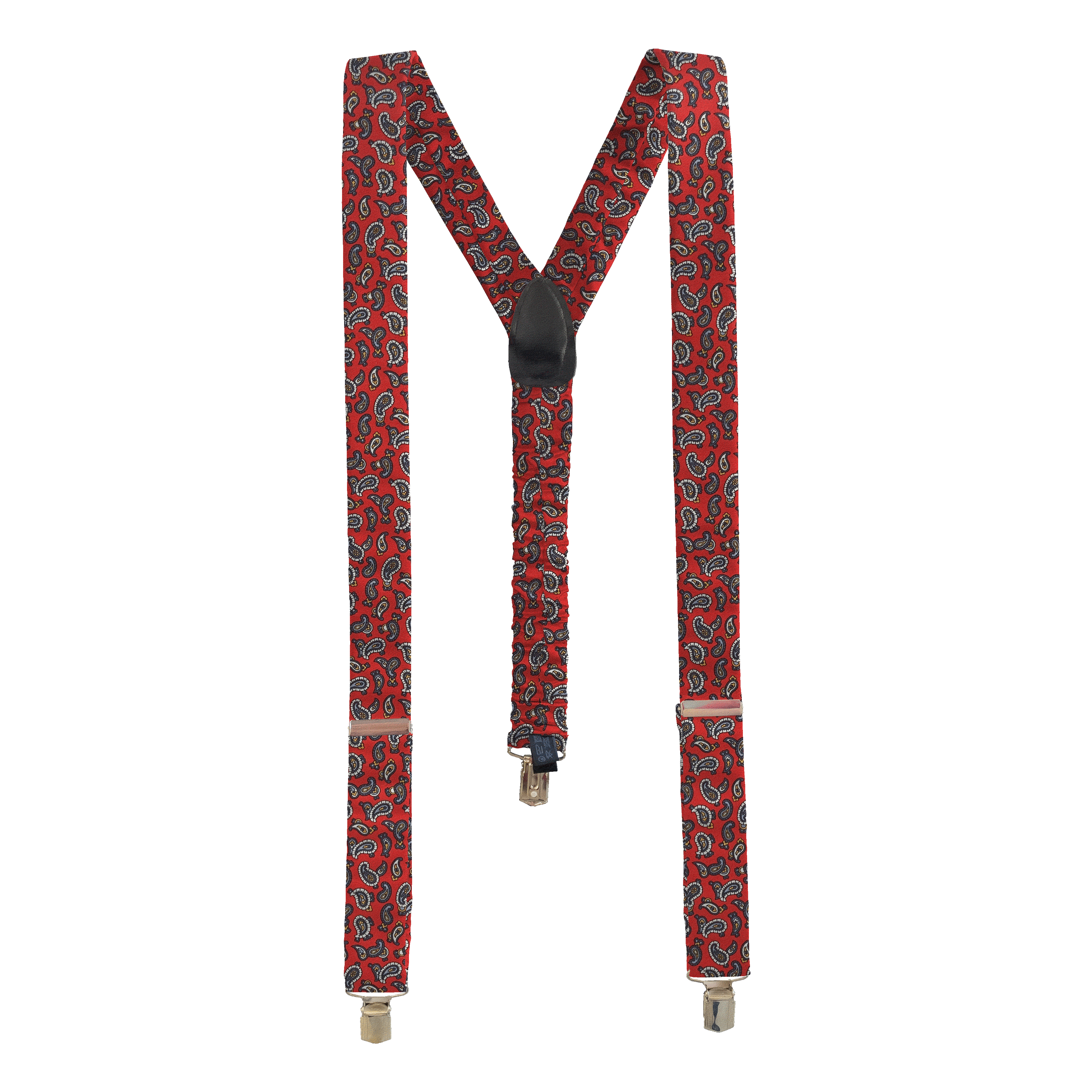 Hosenträger aus Seide, Stoff: grau-blaues Paisley auf rot (6483)