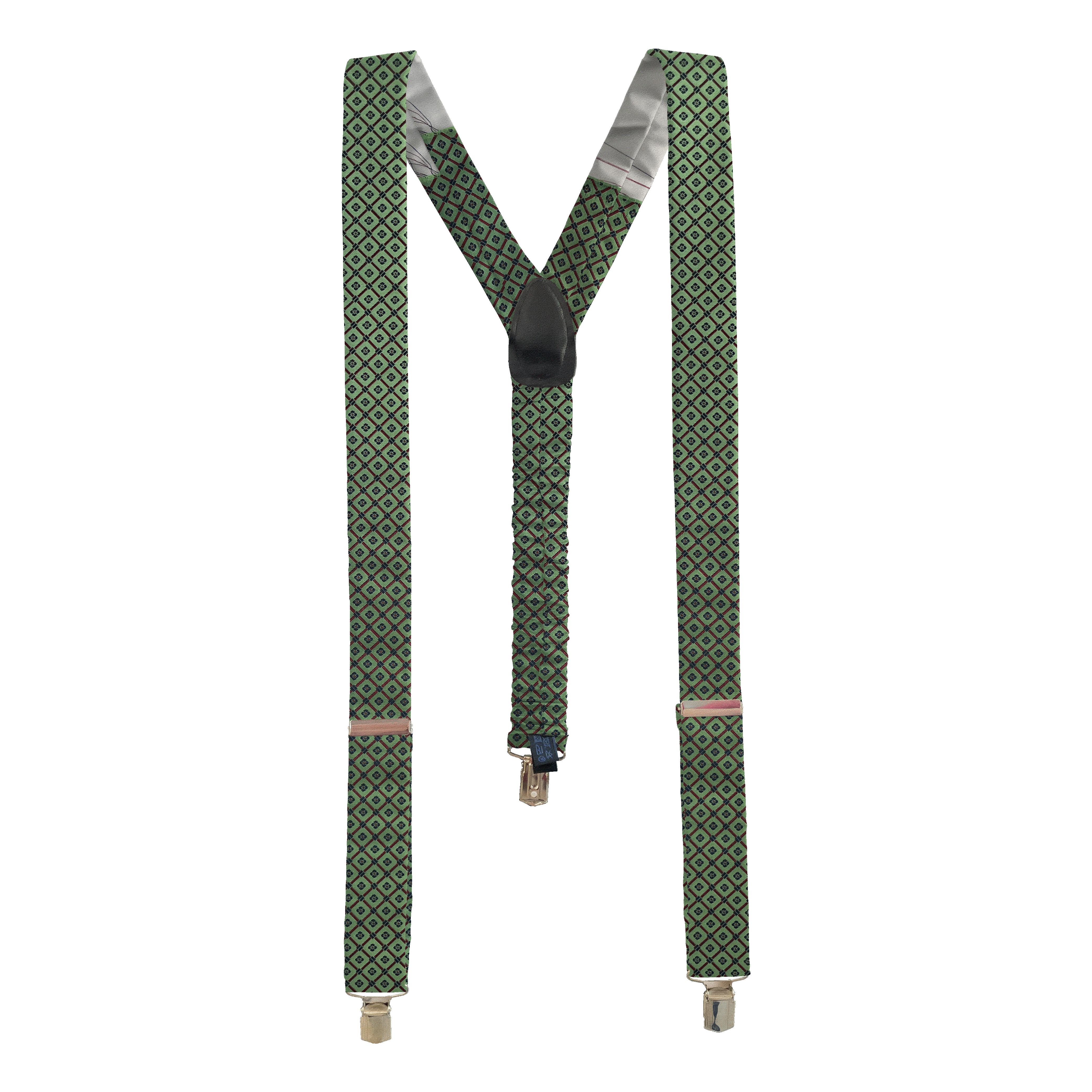 [BR-M-70-7928] Hosenträger aus Seide, Stoff: quadratisch gemustert auf grün (7928) (Metallklips)
