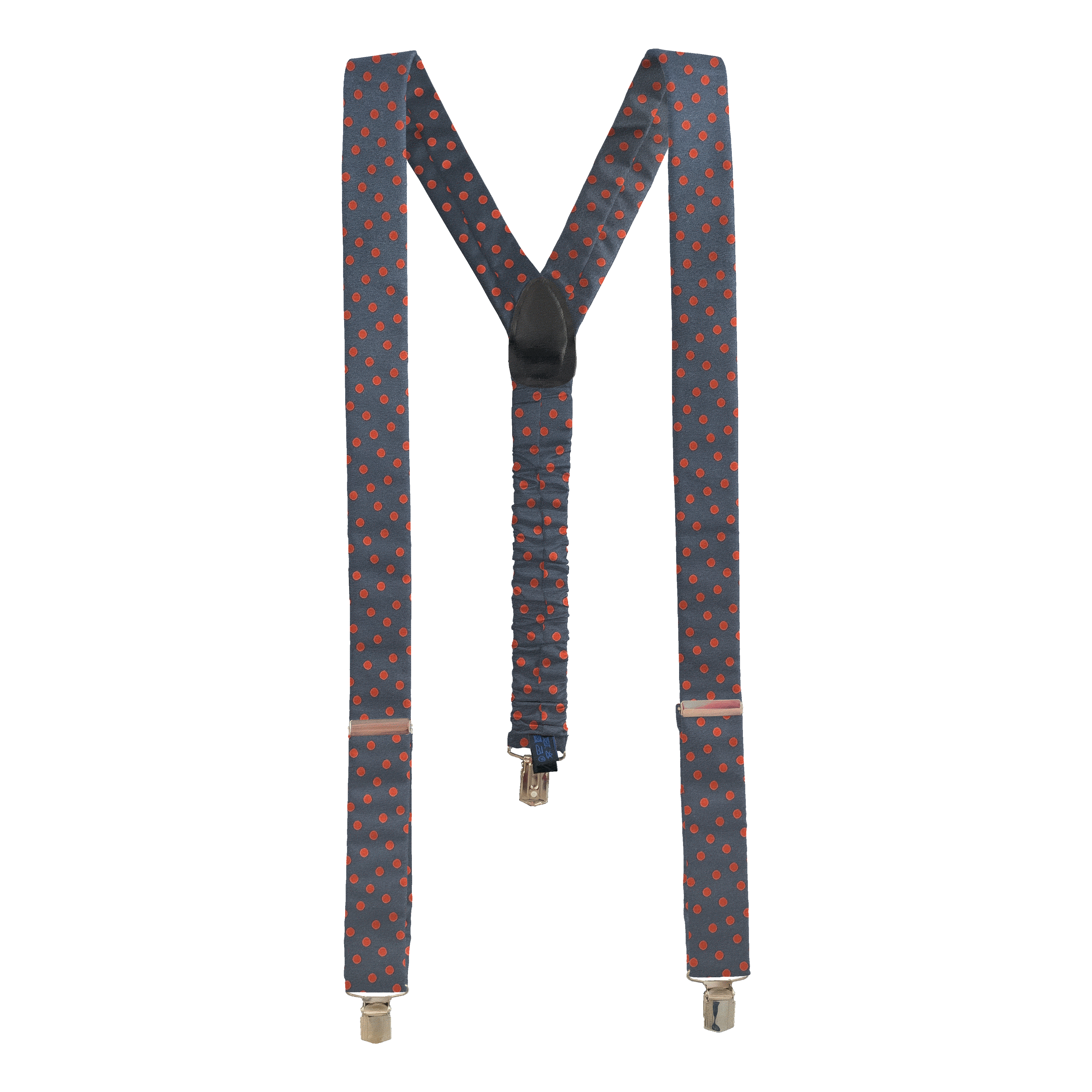 [BR-M-70-7166] Hosenträger aus Seide, Stoff: rot wirr gepunktet auf dunkelblau (7166) (Metallklips)