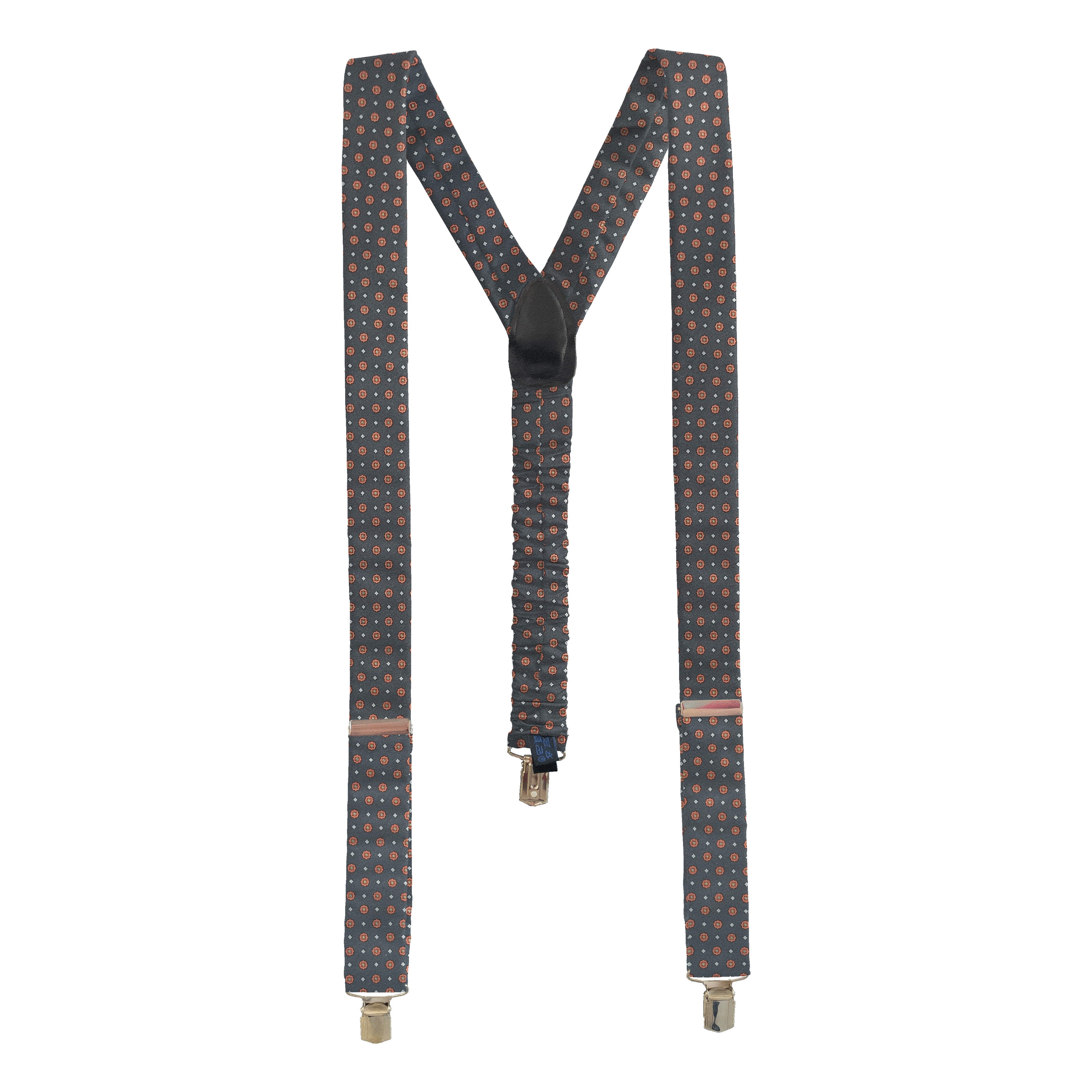[BR-M-60-6841] Hosenträger aus Seide, Stoff: rote Blümchen auf dunkelblau (6841) (Metallklips)