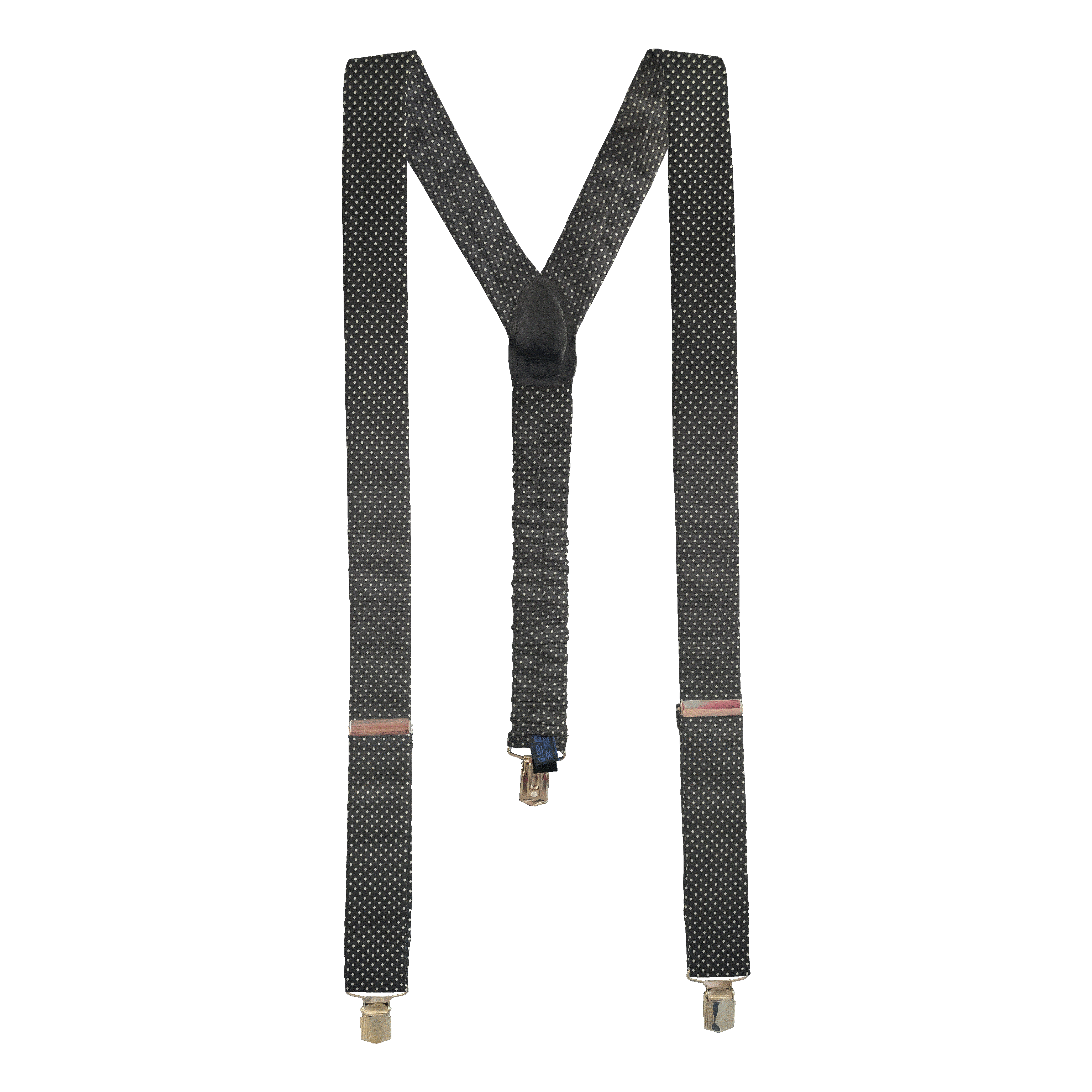 [BR-M-70-7937] Hosenträger aus Seide, Stoff: silber gepuktet auf dunkelblau (7937) (Metallklips)