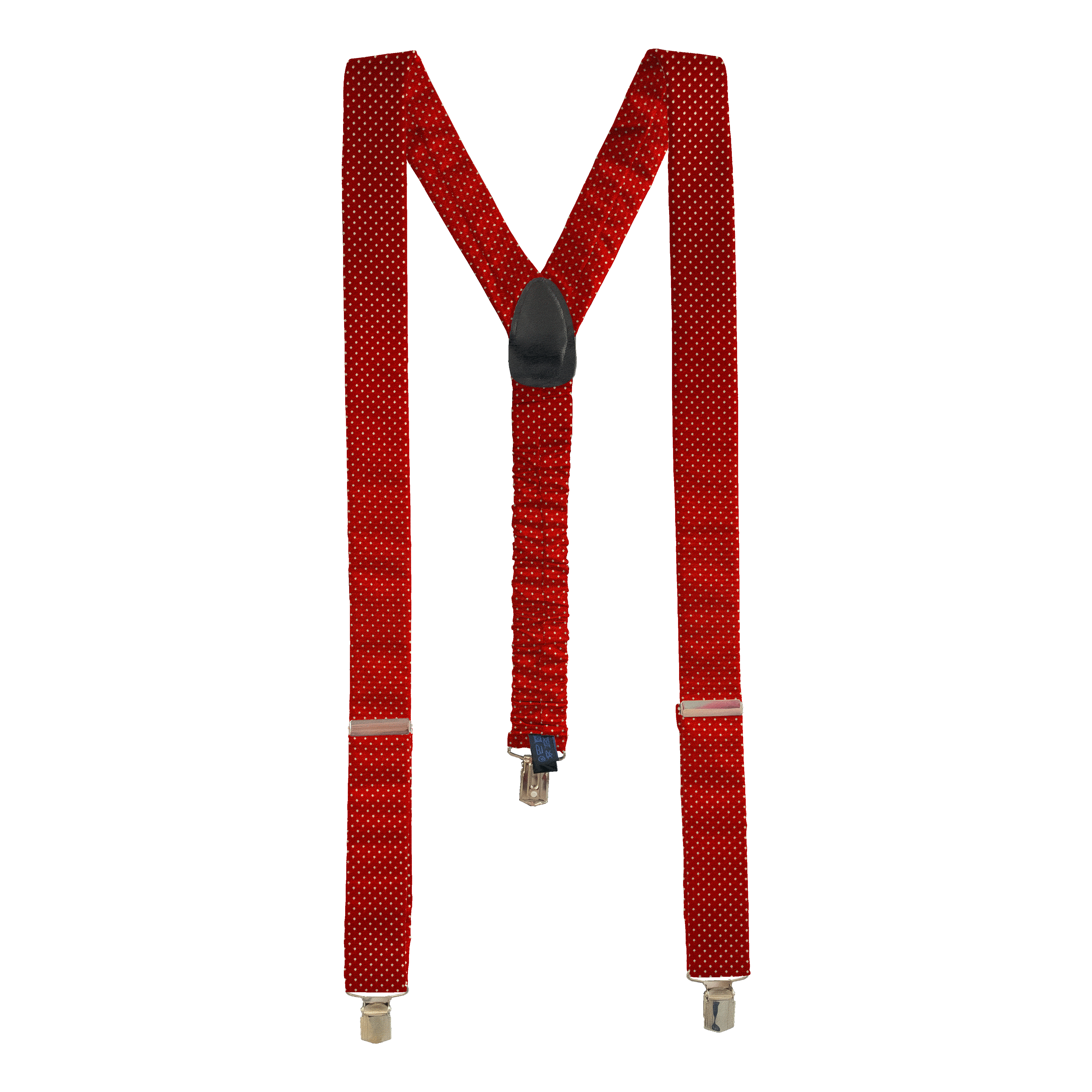 [BR-M-70-7936] Hosenträger aus Seide, Stoff: silber gepunktet auf rot (7936) (Metallklips)