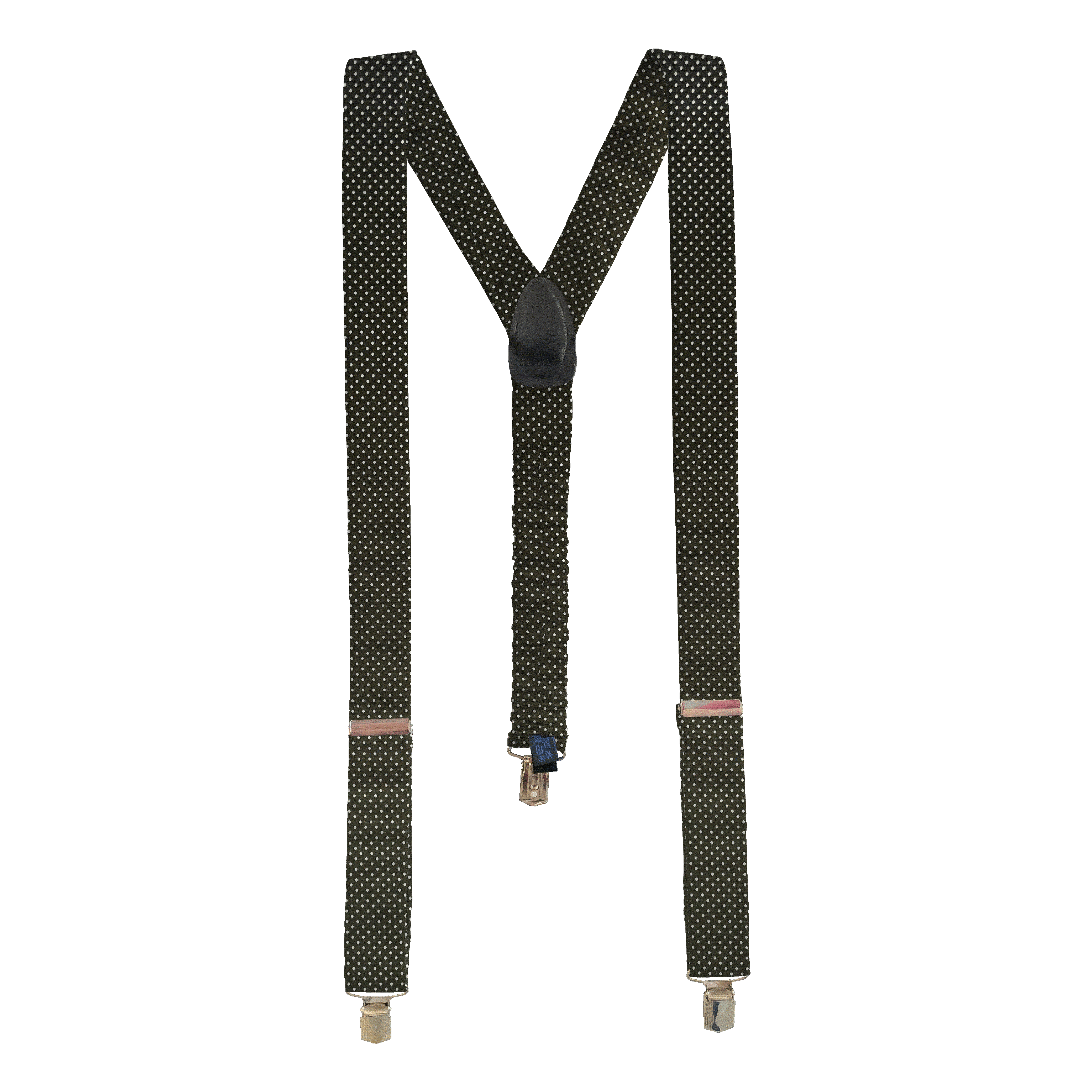 [BR-M-70-7935] Hosenträger aus Seide, Stoff: silber gepunktet auf schwarz (7935) (Metallklips)