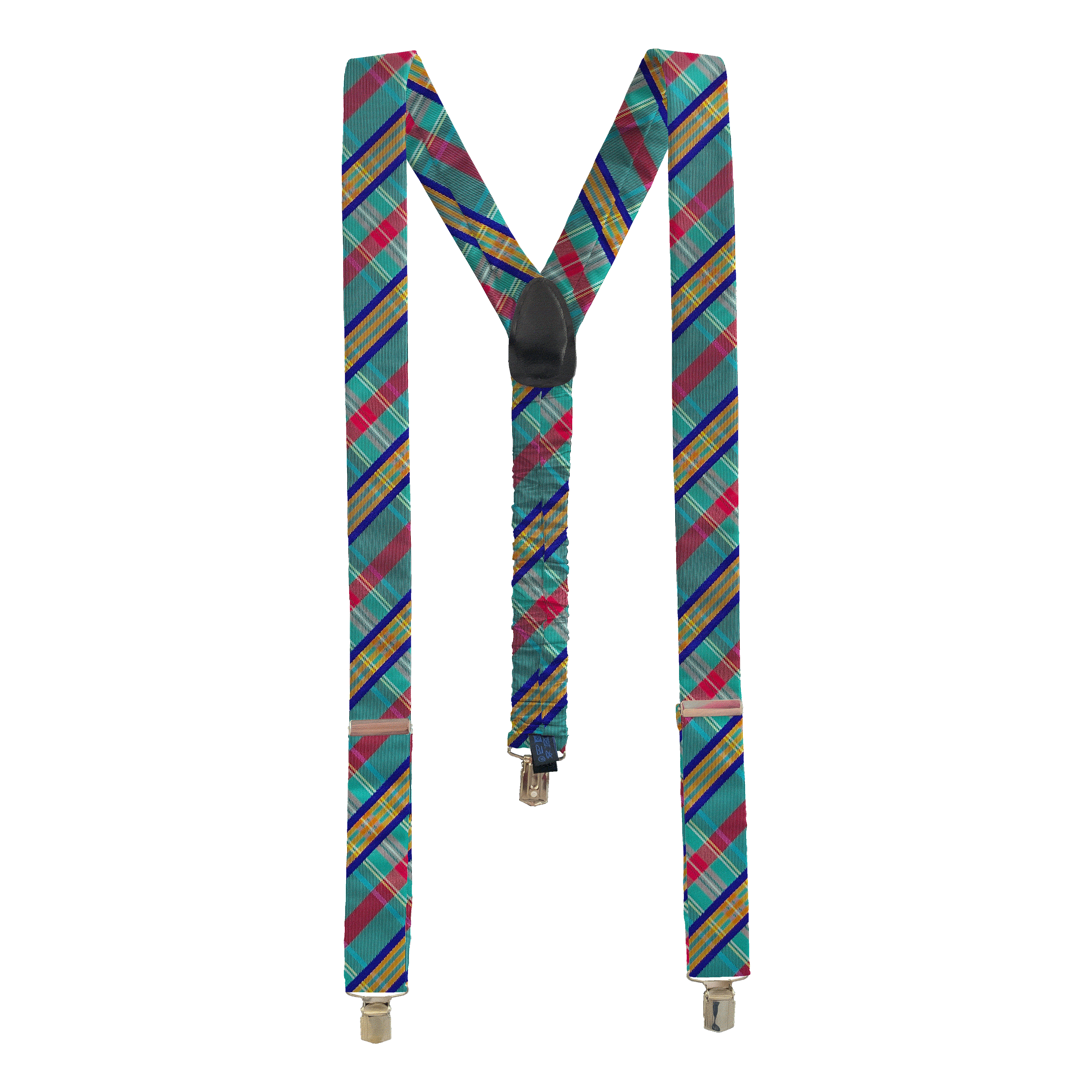 [BR-M-70-7882] Hosenträger aus Seide, Stoff: türkis, rot, blau und gelb kariert (7882) (Metallklips)