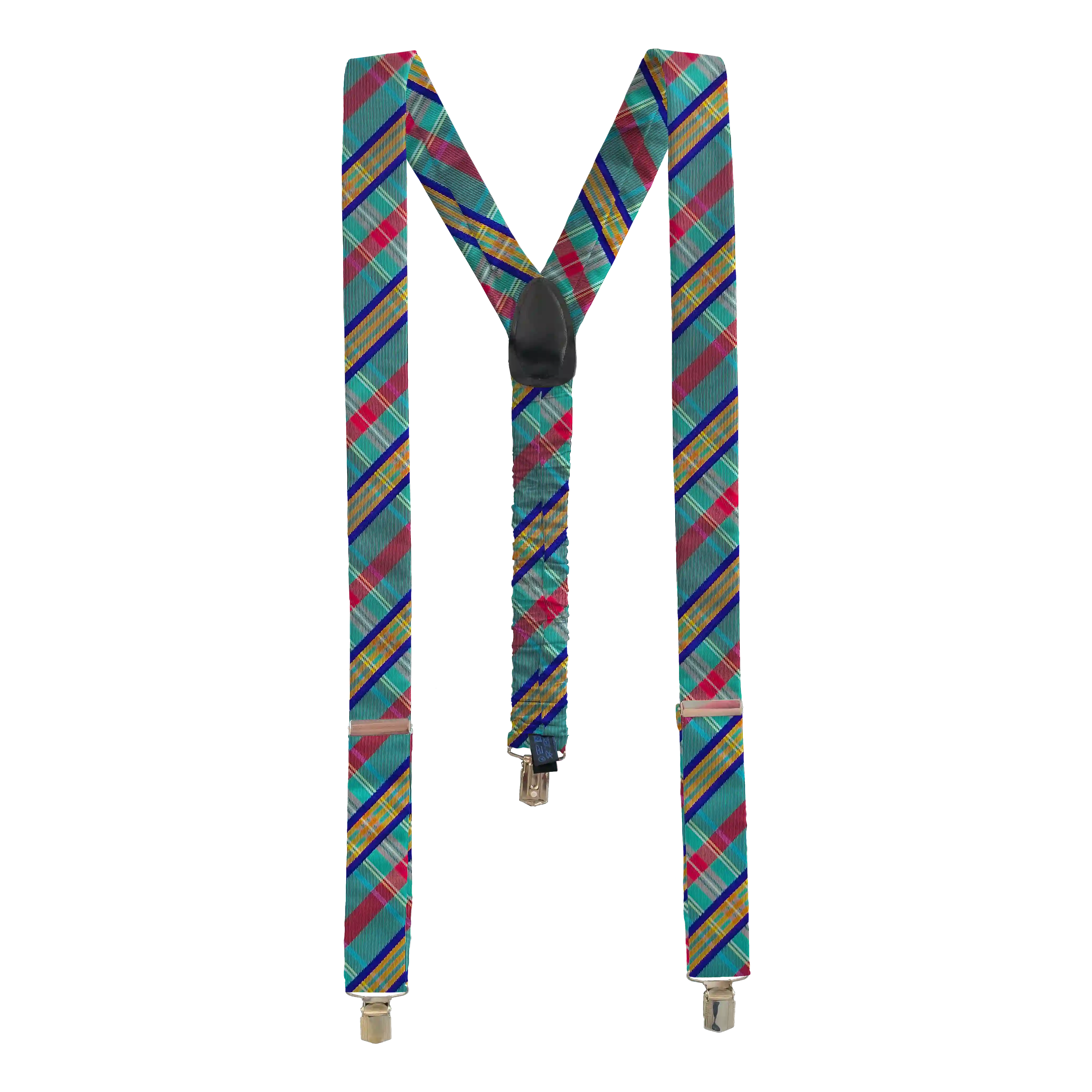 [BR-M-70-7882] braces from silk, fabric: turquoise, red, blue and yellow chequered (7882) (metal clips)