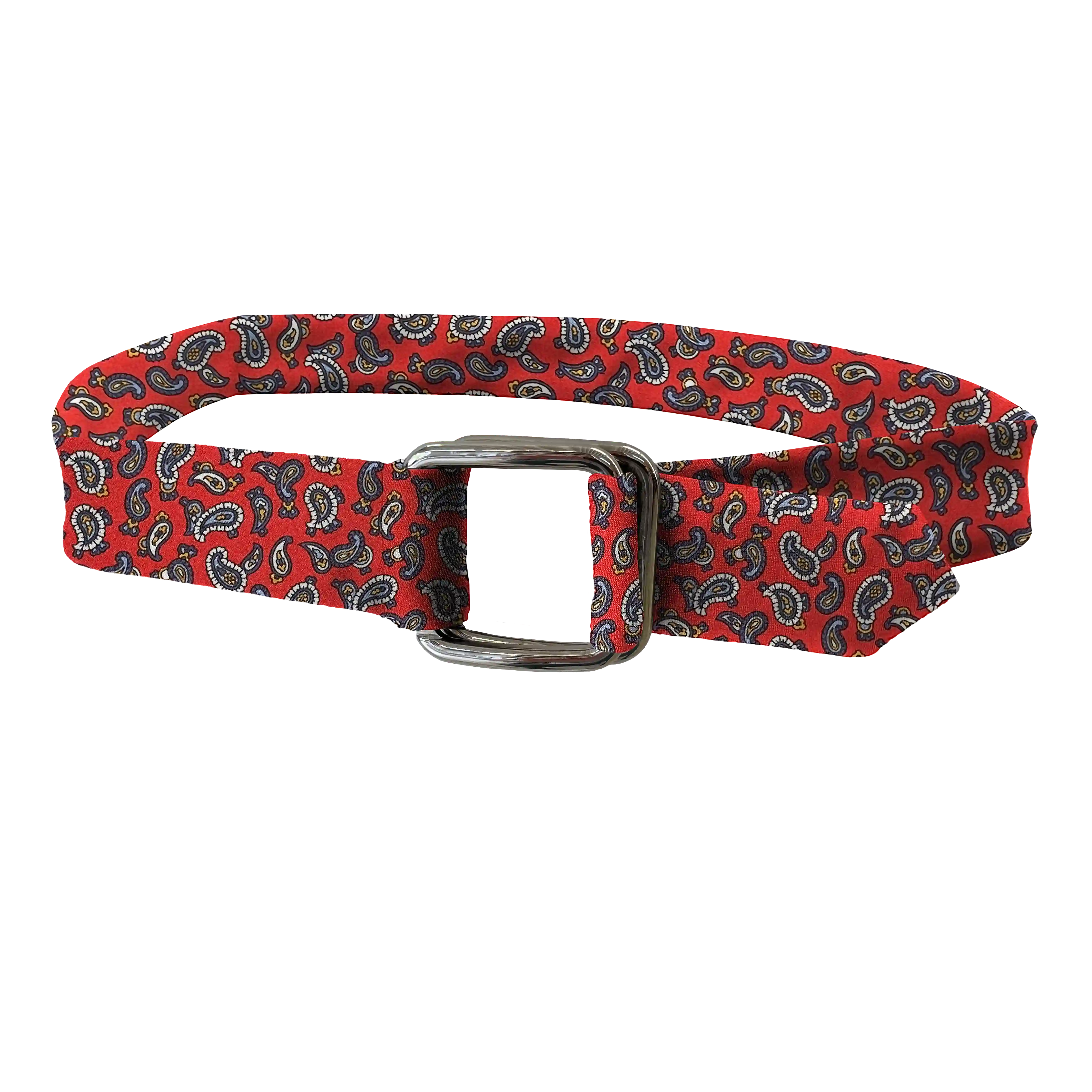 Gürtel aus Seide, Stoff: grau-blaues Paisley auf rot (6483)