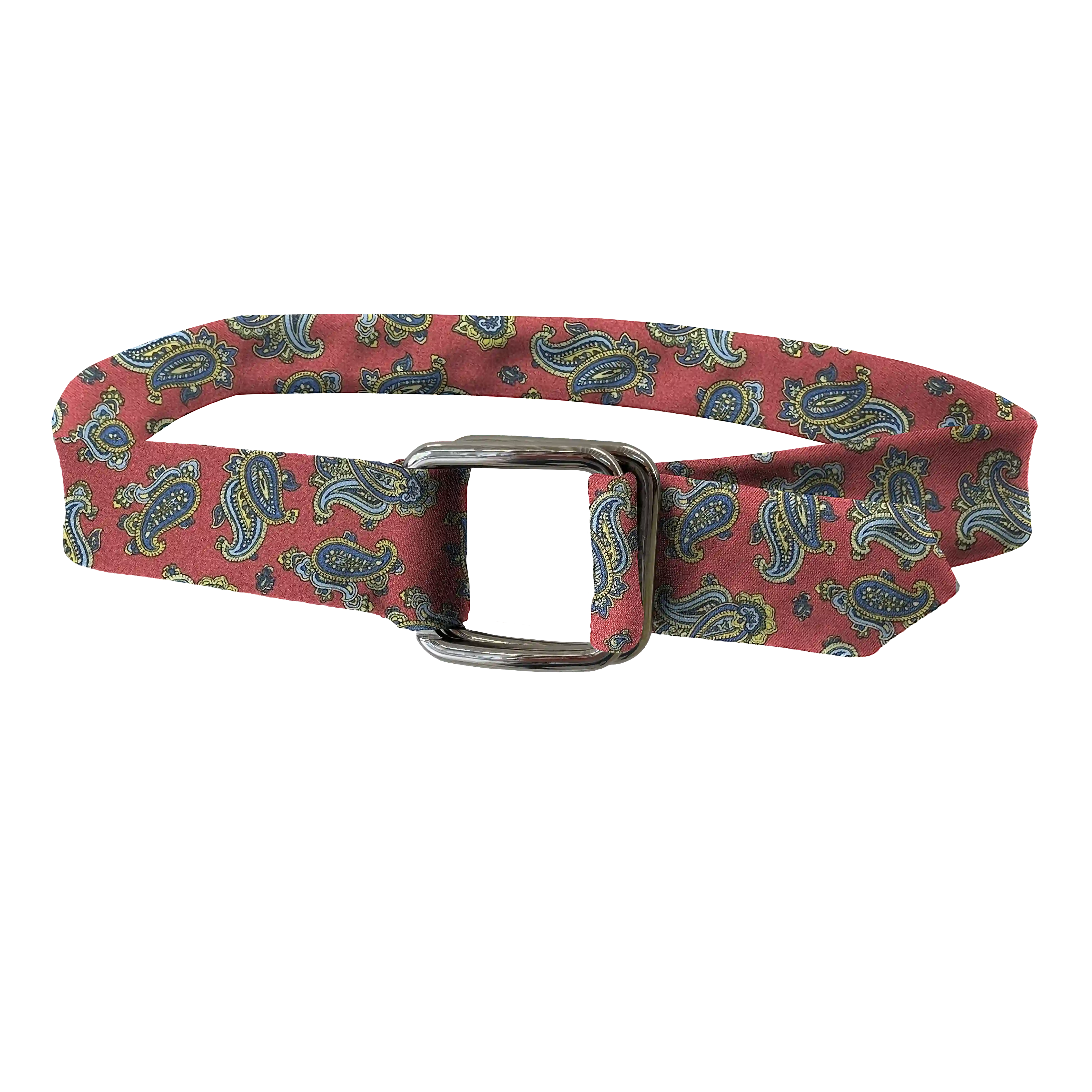 [BE-I-60-6501] belt from silk, fabric: small paisley pattern in blue, yellow and green on burgundy (6501)