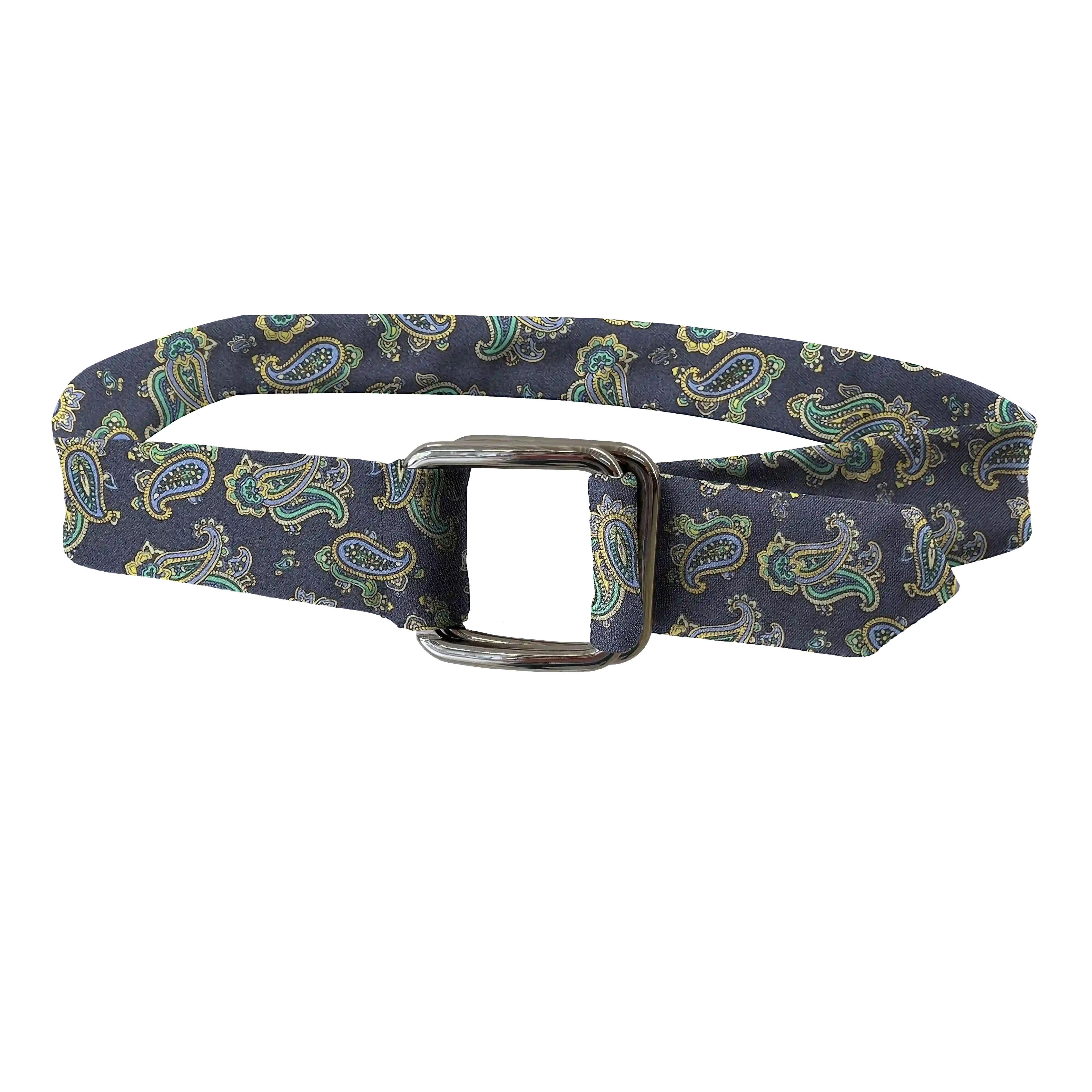 [BE-I-60-6499] belt from silk, fabric: small paisley pattern in blue, green and yellow on dark blue (6499)