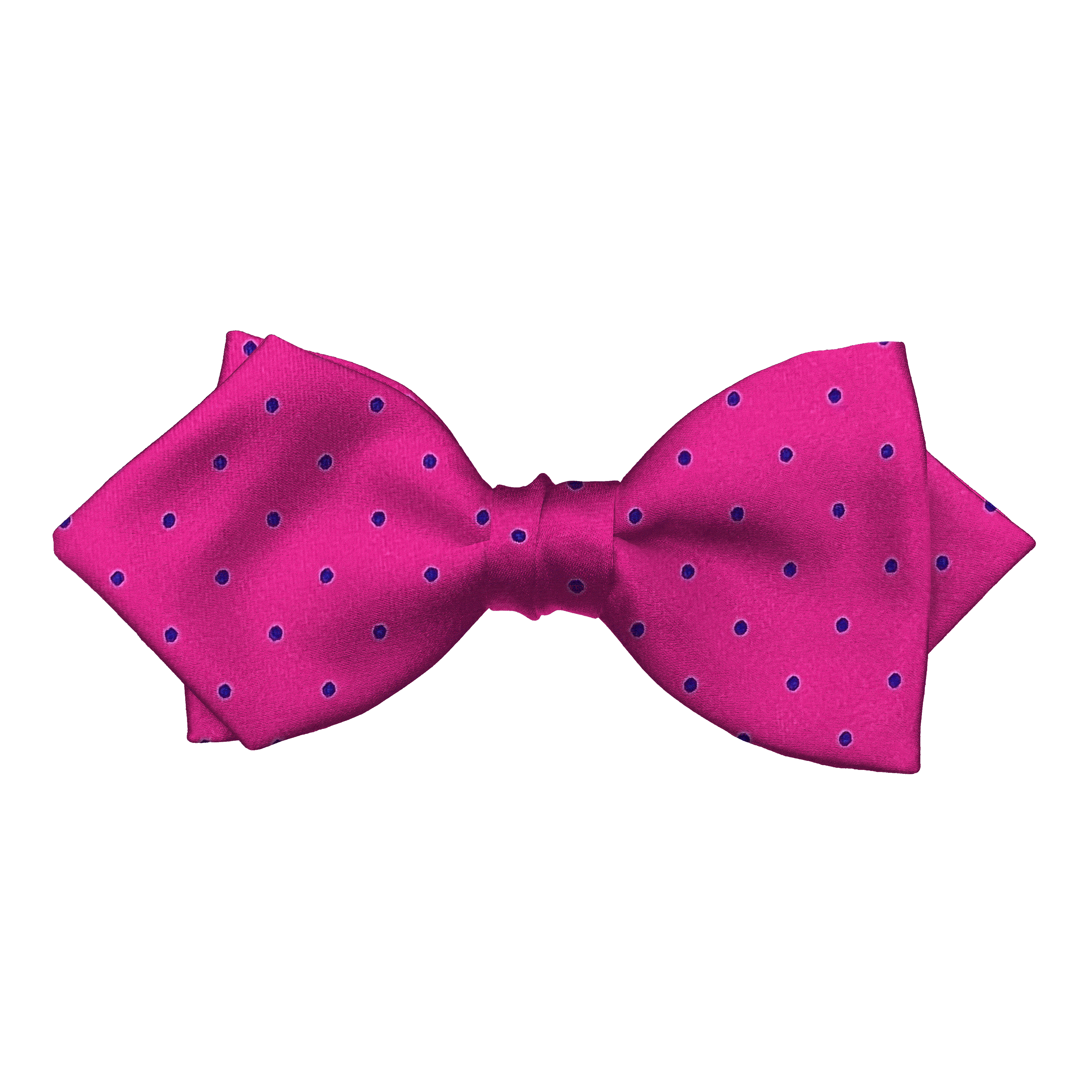 Schleife aus Seide, Form: spitz, Höhe: 60, Stoff: magenta mit blauen Punkten (6063)