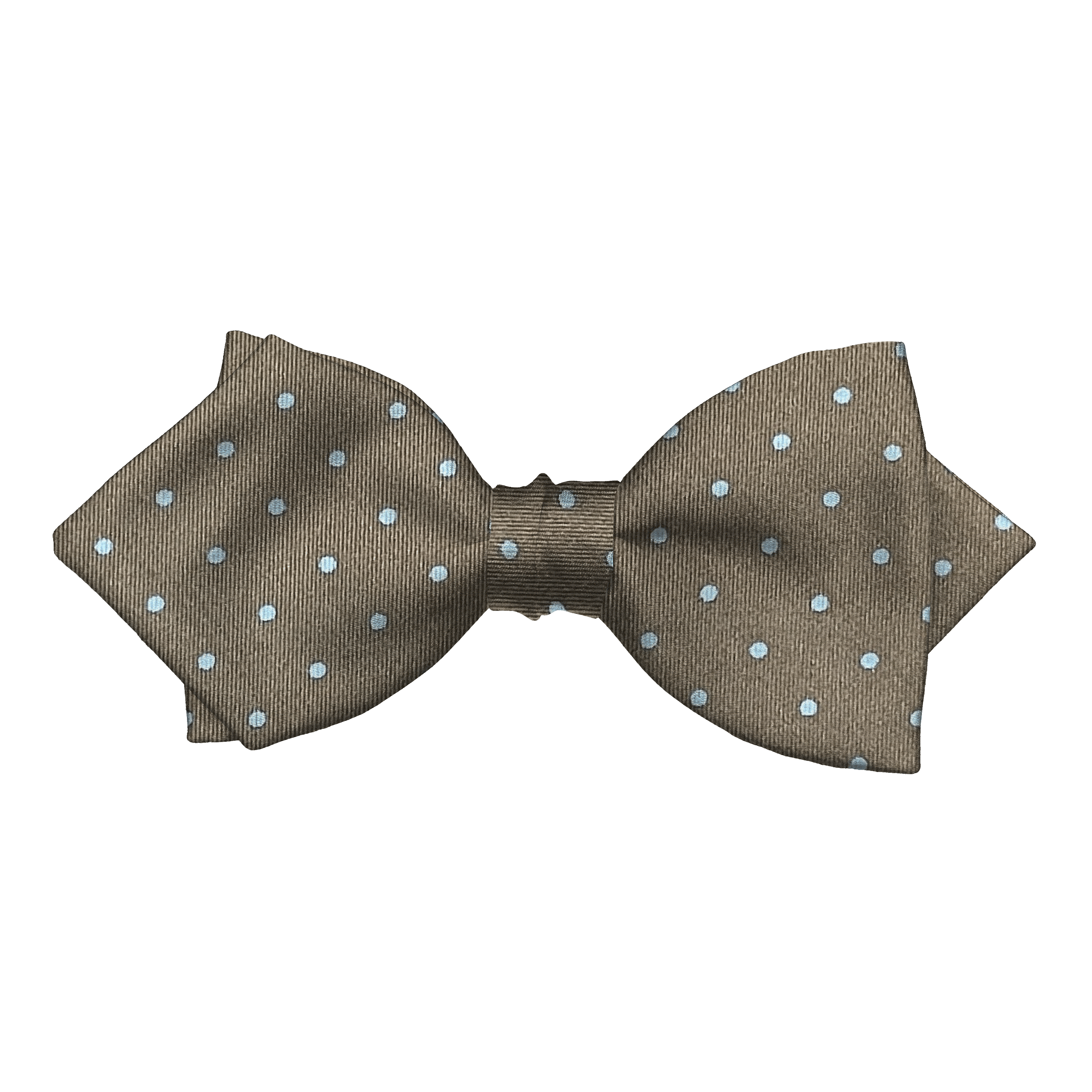 Schleife aus Seide, Form: spitz, Höhe: 60, Stoff: braun mit hellblauen Punkten (6078)