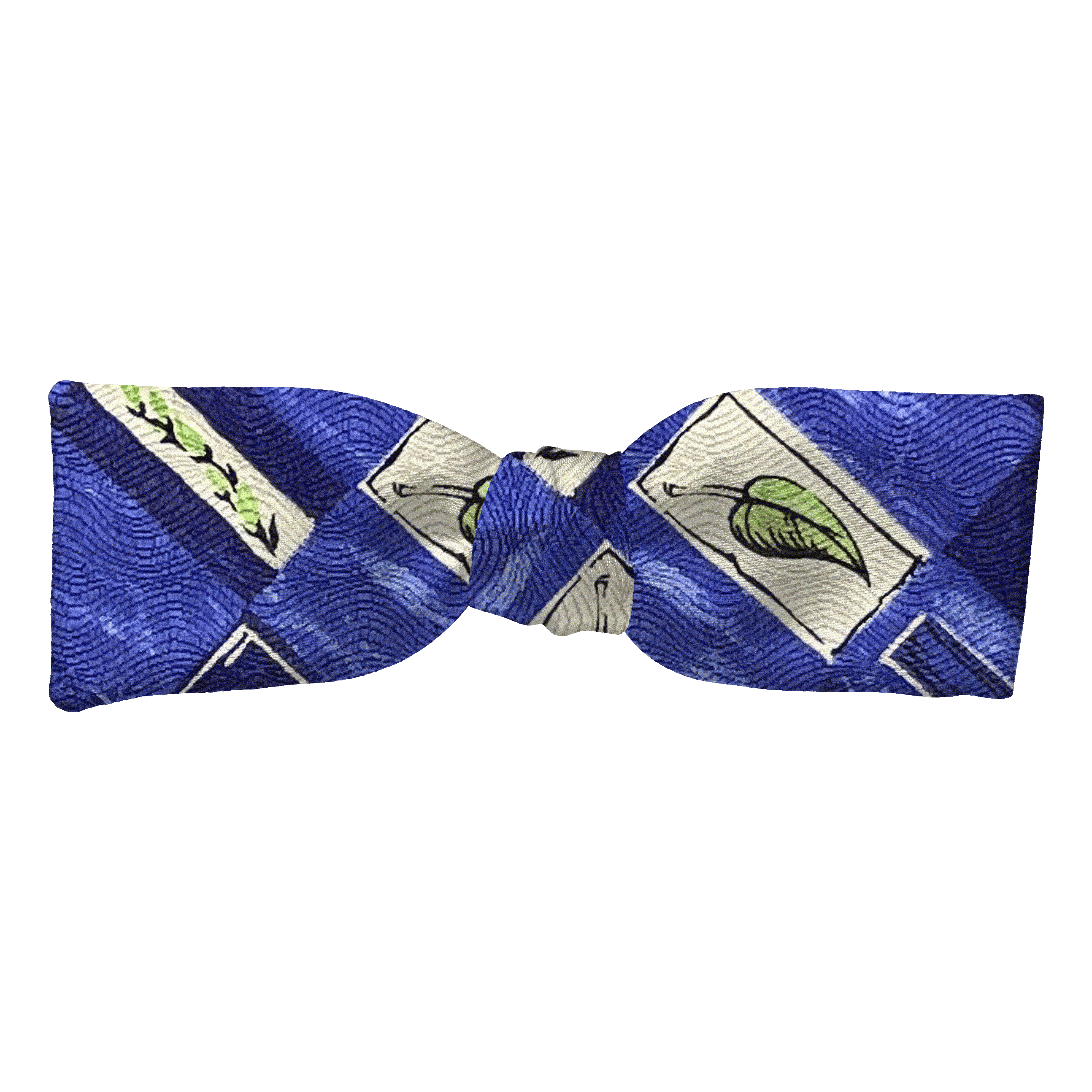 Schleife aus Seide, Form: gerade, Höhe: 35, Stoff: blau-weiß gemustert mit Blättern in grün (6604)