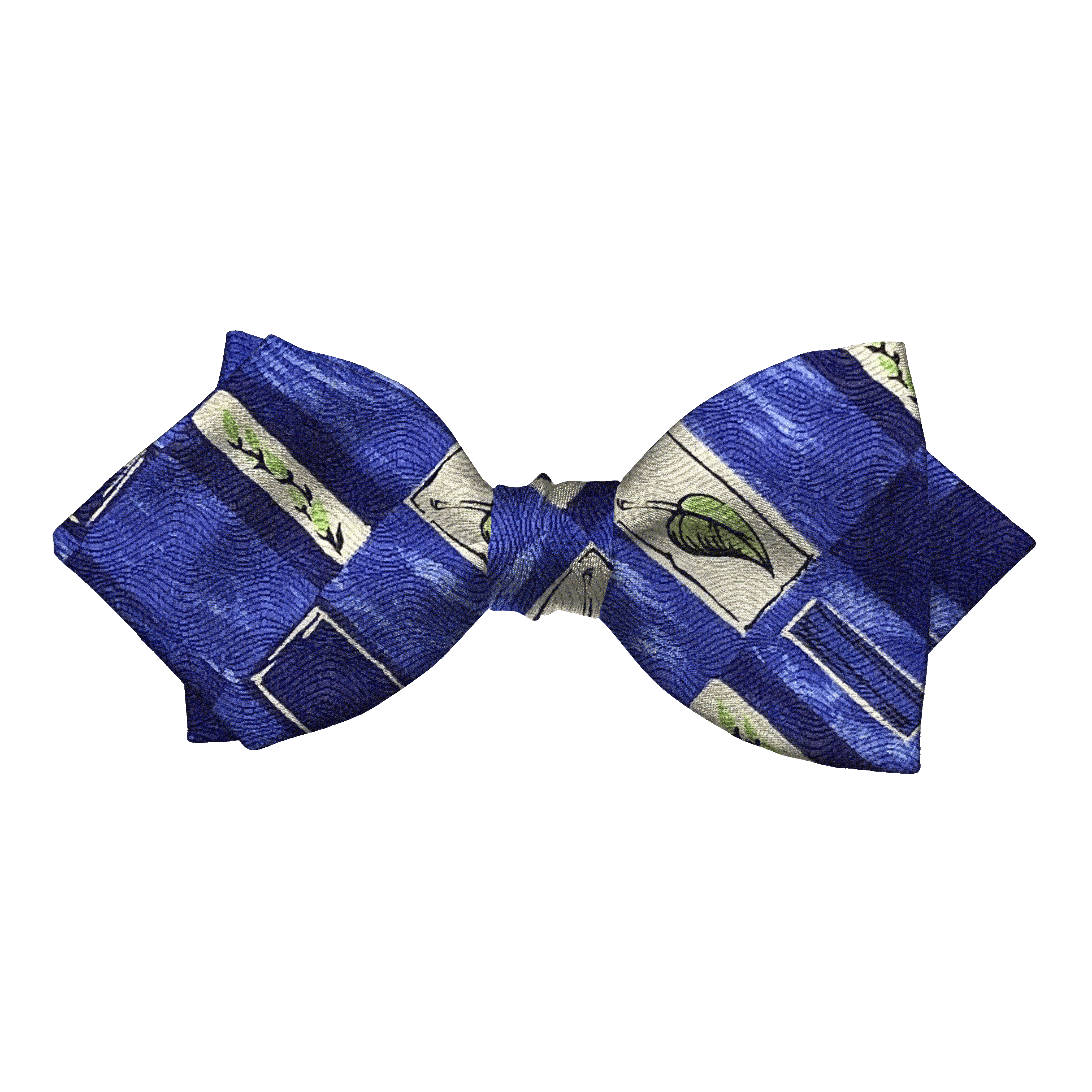 Schleife aus Seide, Form: spitz, Höhe: 60, Stoff: blau-weiß gemustert mit Blättern in grün (6604)