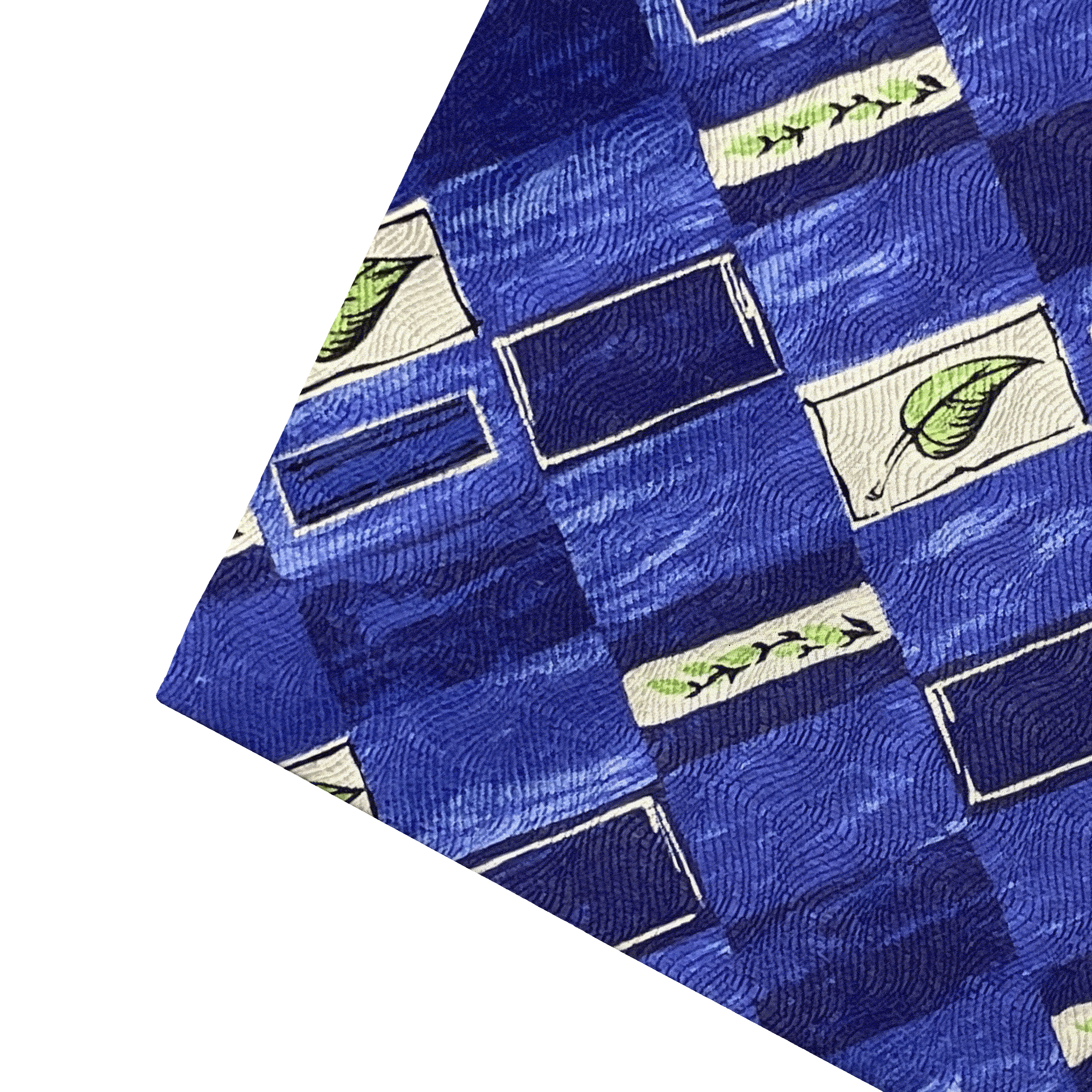 Ziertuch aus Seide, 30 x 30 cm, Stoff: blau-weiß gemustert mit Blättern in grün (6604)