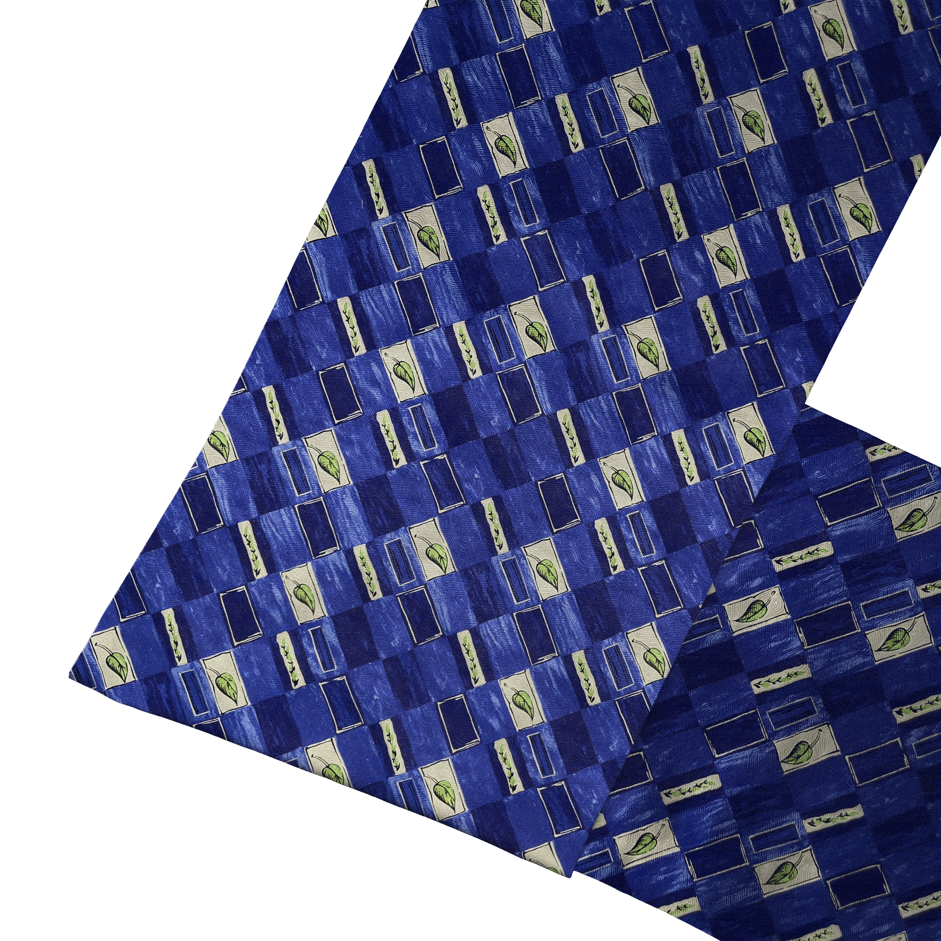 Sacco-Schal aus Seide, Stoff: blau-weiß gemustert mit Blättern in grün (6604)