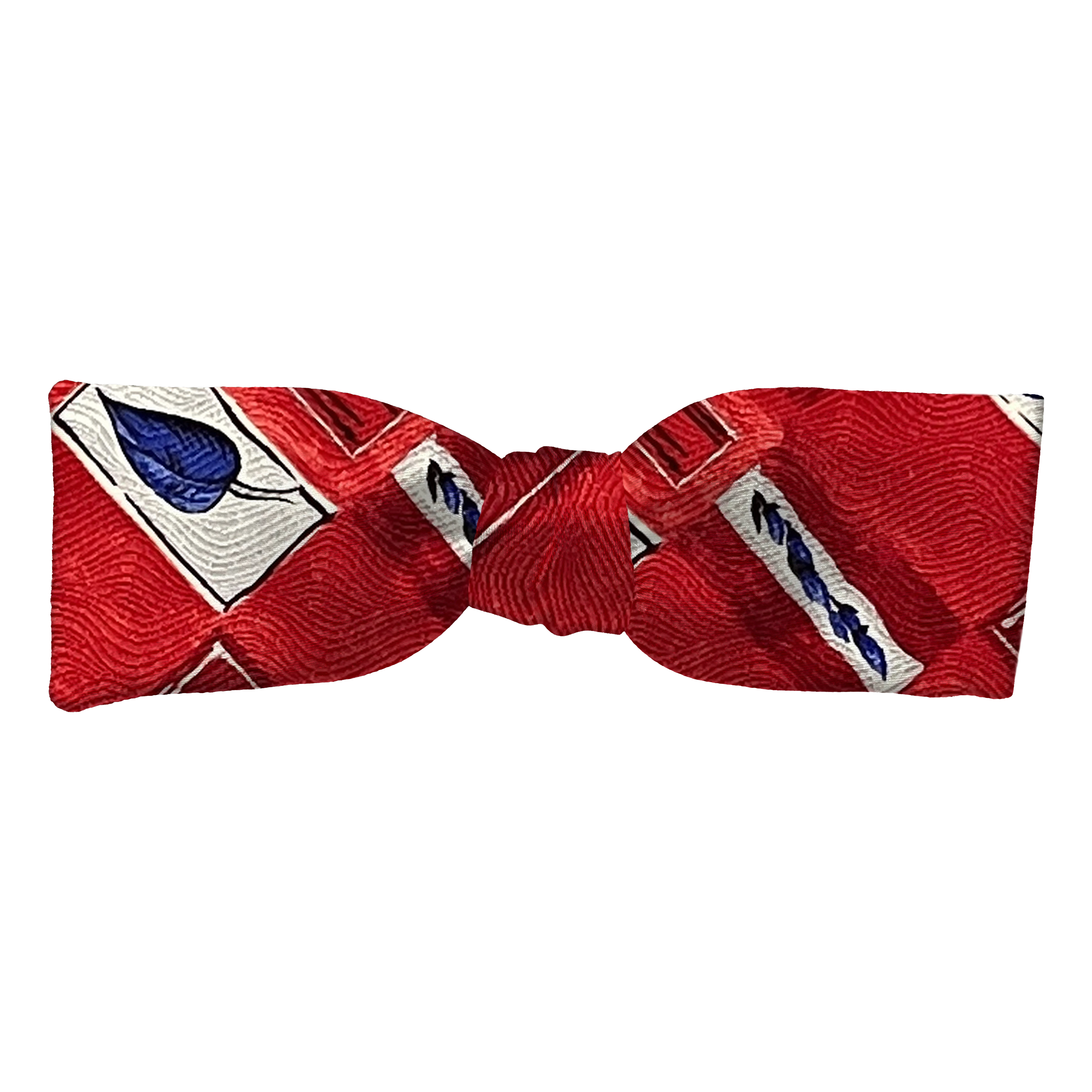 [BT-S-35-E-60-6605] Schleife aus Seide, Form: gerade, Höhe: 35, Stoff: rot-weiß gemustert mit Blättern in blau (6605) (EASY: vorgebunden mit verstellbarer Größe)