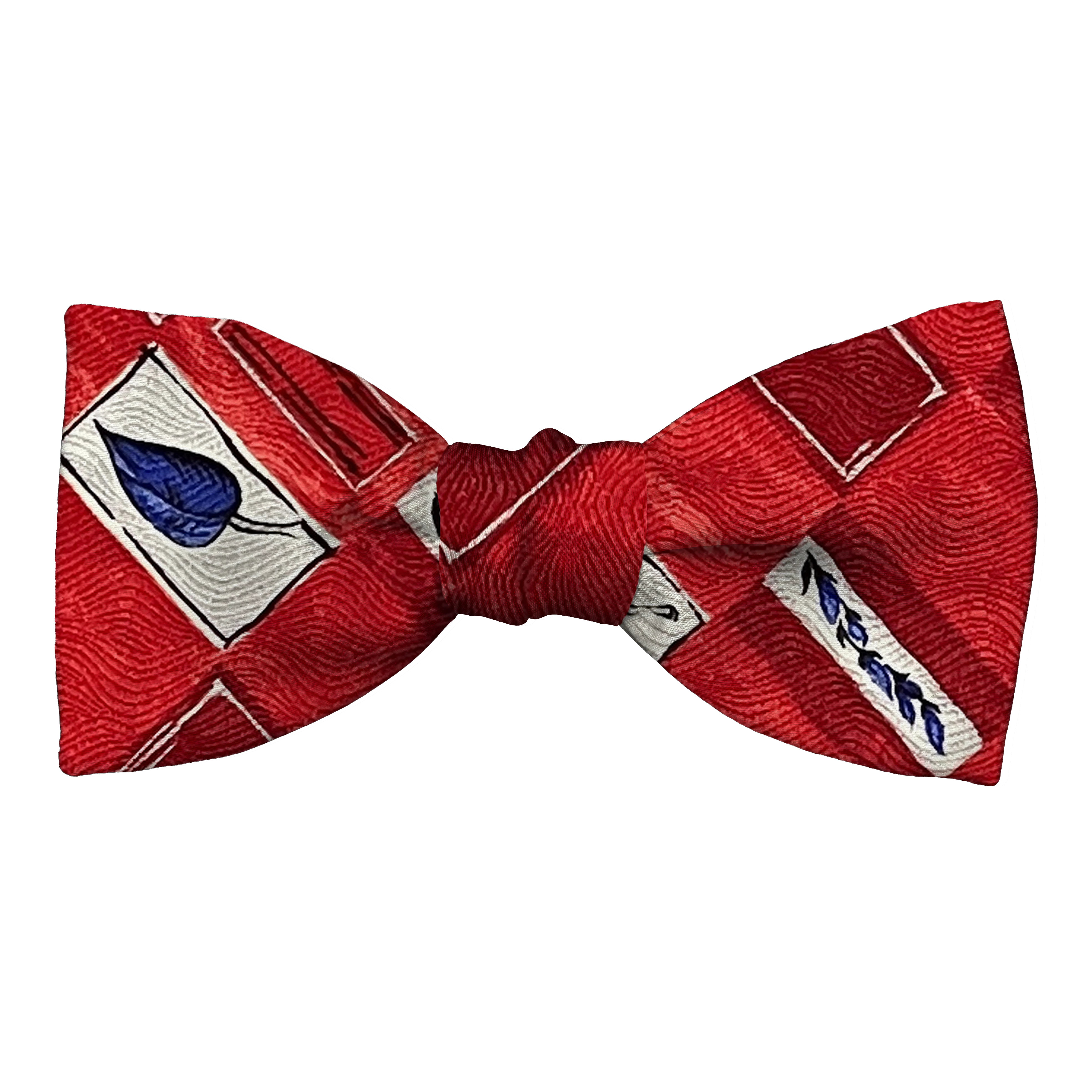 [BT-S-50-E-60-6605] Schleife aus Seide, Form: gerade, Höhe: 50, Stoff: rot-weiß gemustert mit Blättern in blau (6605) (EASY: vorgebunden mit verstellbarer Größe)