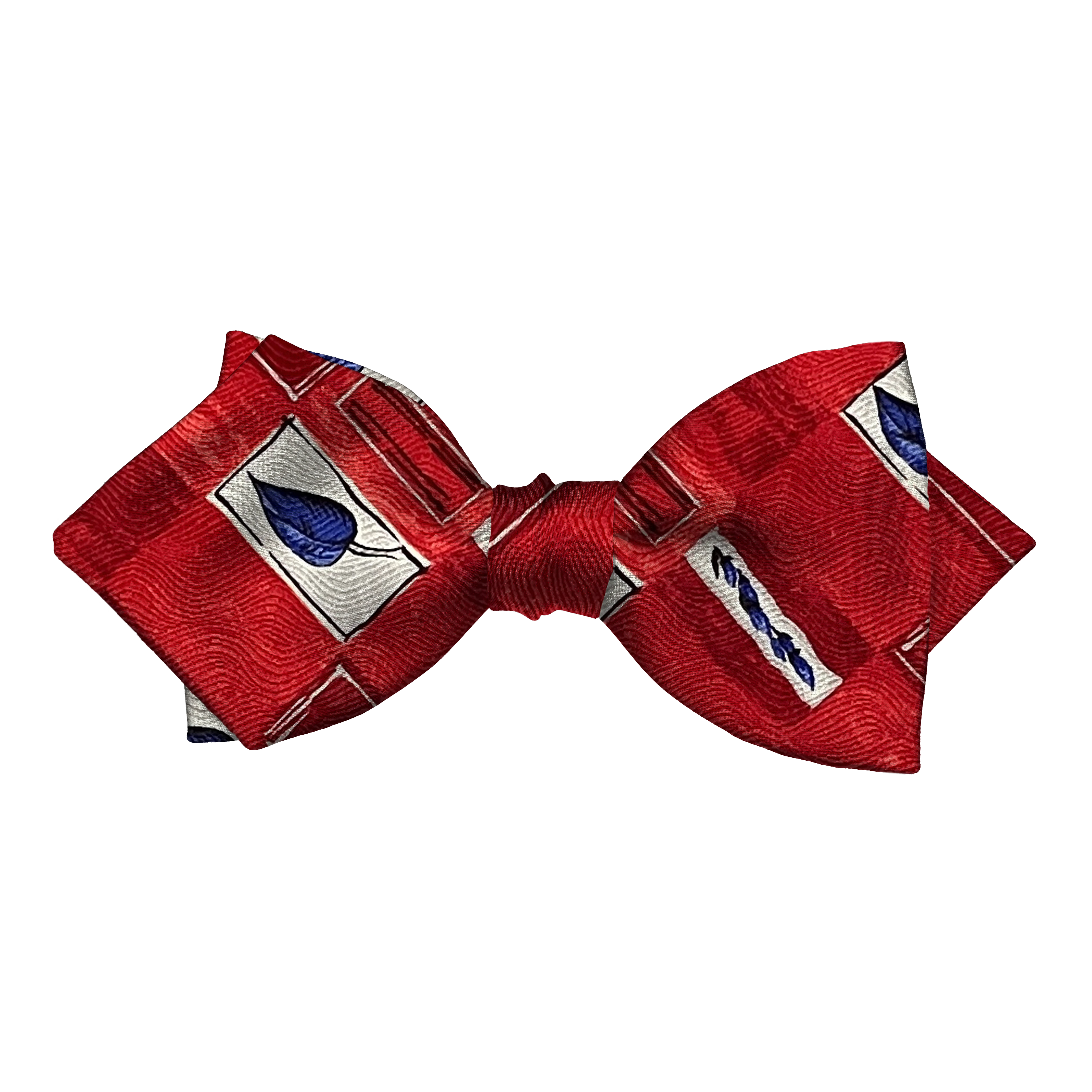 [BT-P-60-E-60-6605] Schleife aus Seide, Form: spitz, Höhe: 60, Stoff: rot-weiß gemustert mit Blättern in blau (6605) (EASY: vorgebunden mit verstellbarer Größe)
