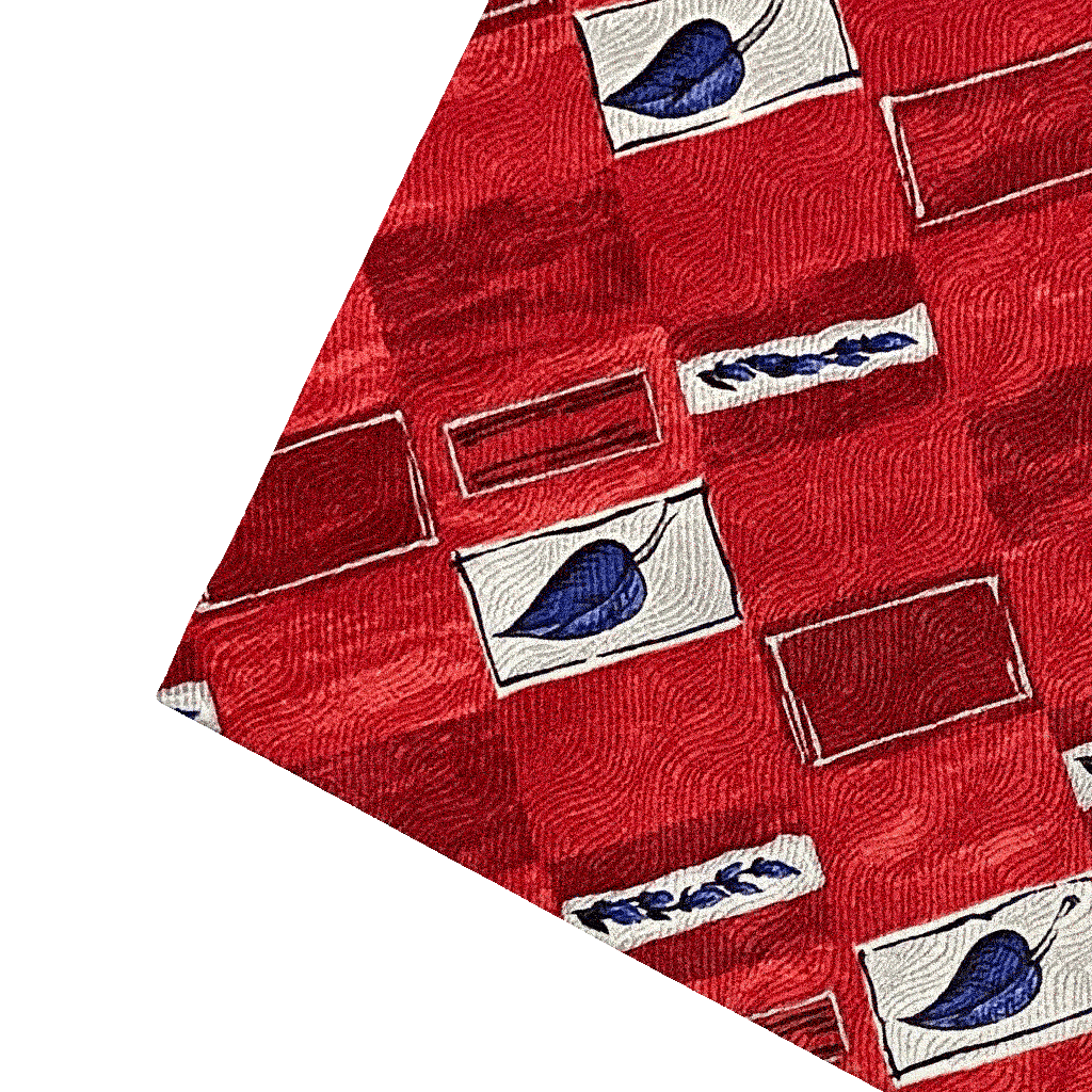 [PS-S300-60-6605] Ziertuch aus Seide, 30 x 30 cm, Stoff: rot-weiß gemustert mit Blättern in blau (6605)