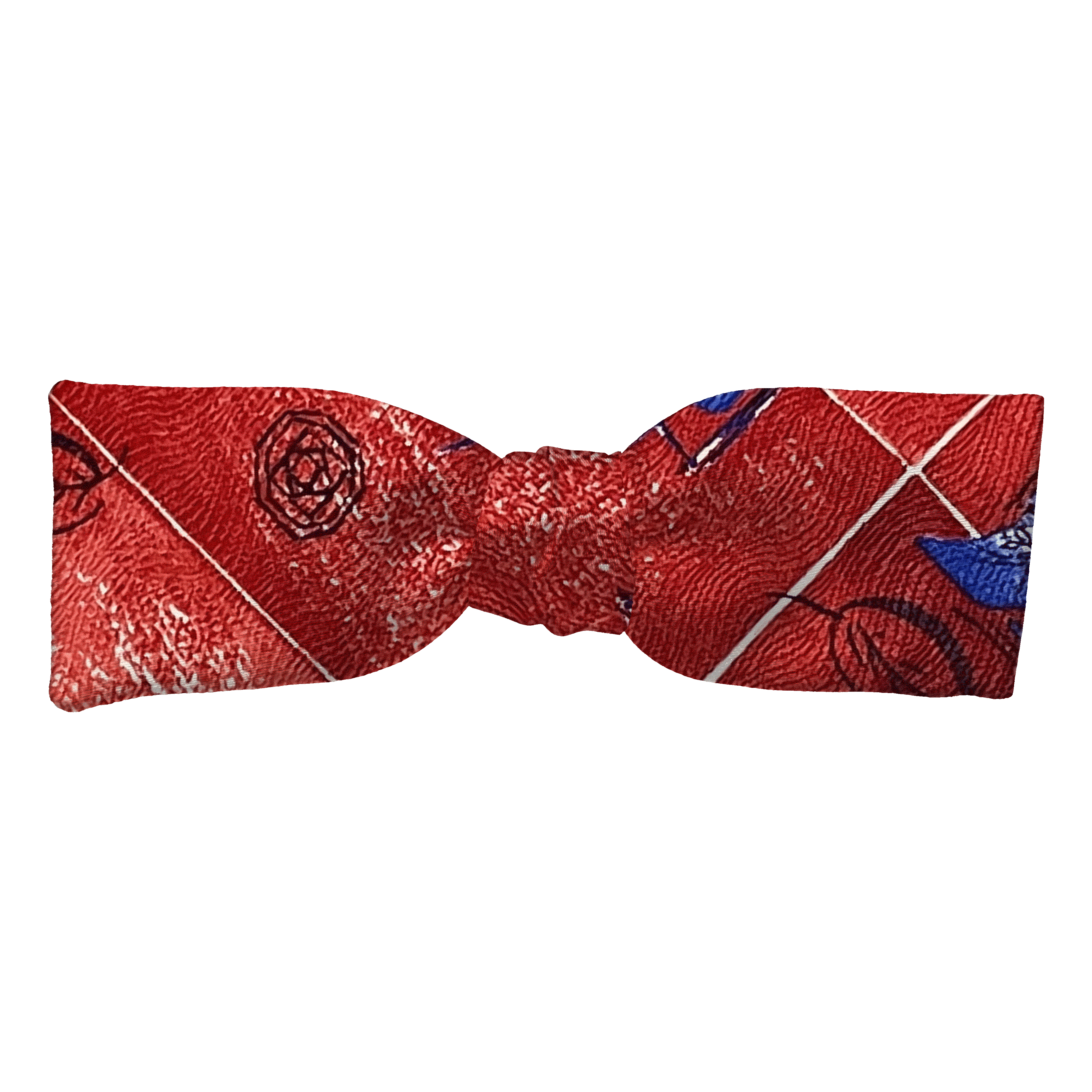 Schleife aus Seide, Form: gerade, Höhe: 35, Stoff: rot gemustert mit Blättern in blau (6606)