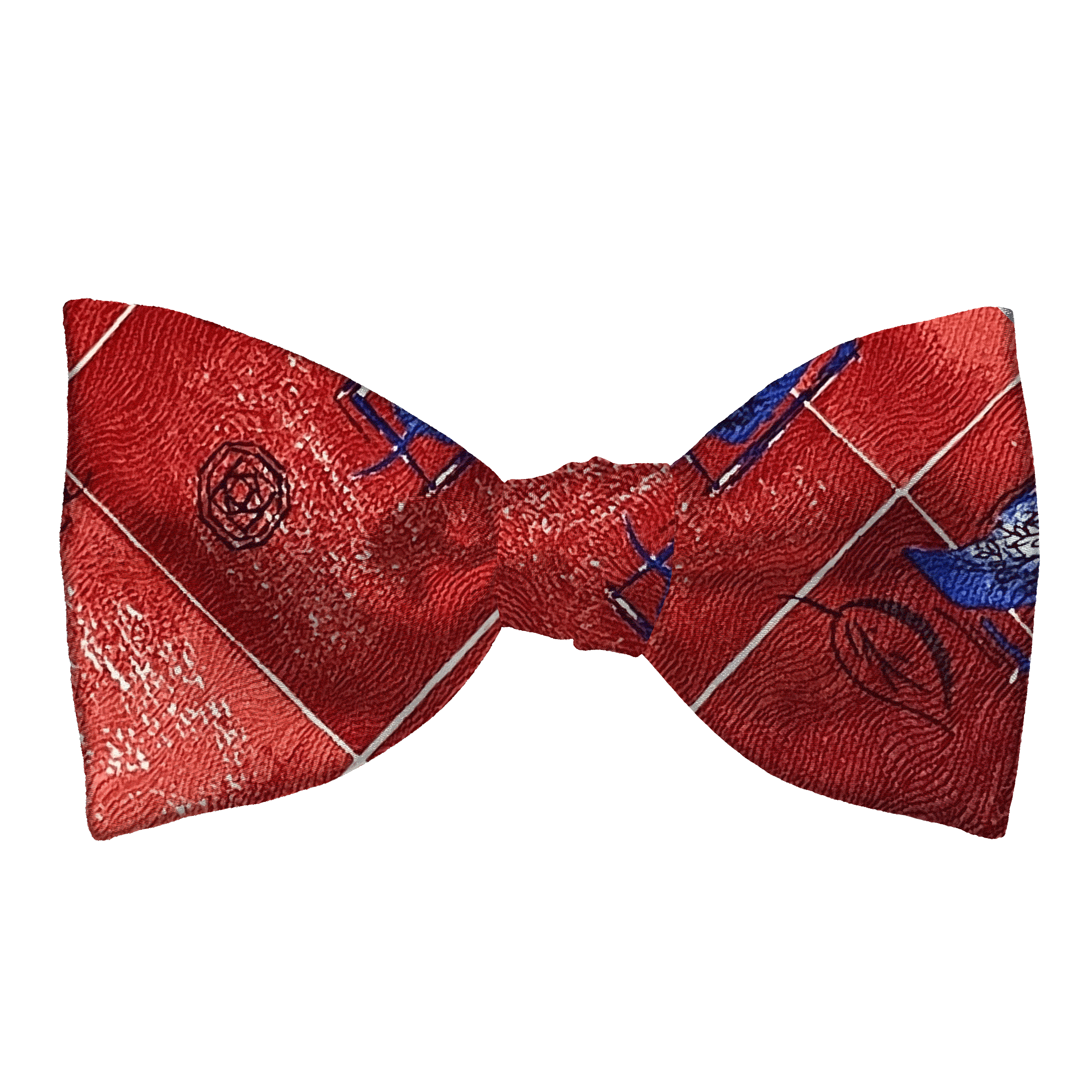 Schleife aus Seide, Form: gerade, Höhe: 65, Stoff: rot gemustert mit Blättern in blau (6606)