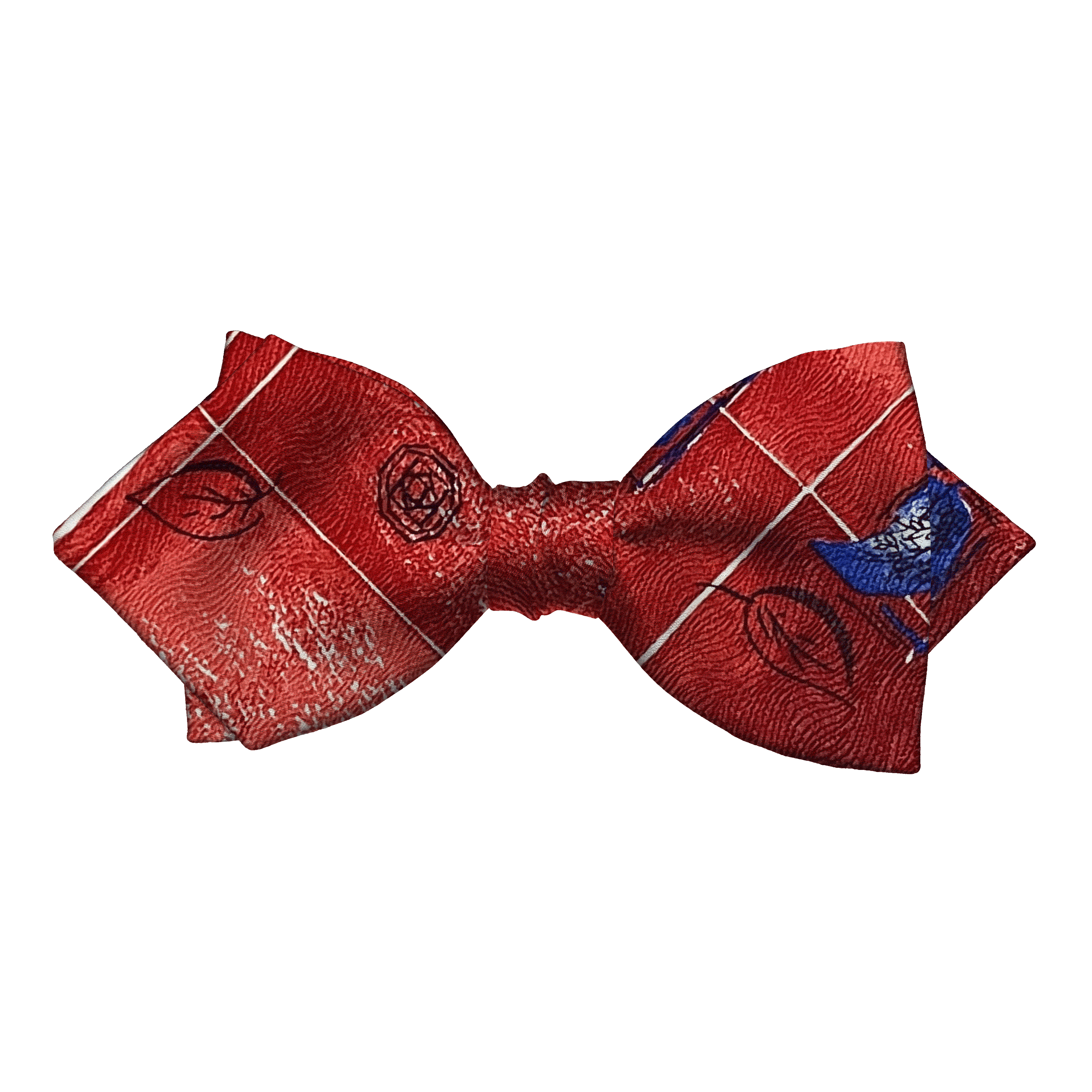 Schleife aus Seide, Form: spitz, Höhe: 60, Stoff: rot gemustert mit Blättern in blau (6606)