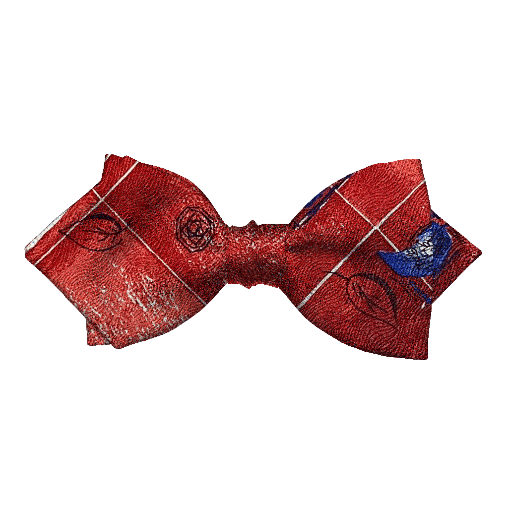 [BT-P-60-E-60-6606] Schleife aus Seide, Form: spitz, Höhe: 60, Stoff: rot gemustert mit Blättern in blau (6606) (EASY: vorgebunden mit verstellbarer Größe)