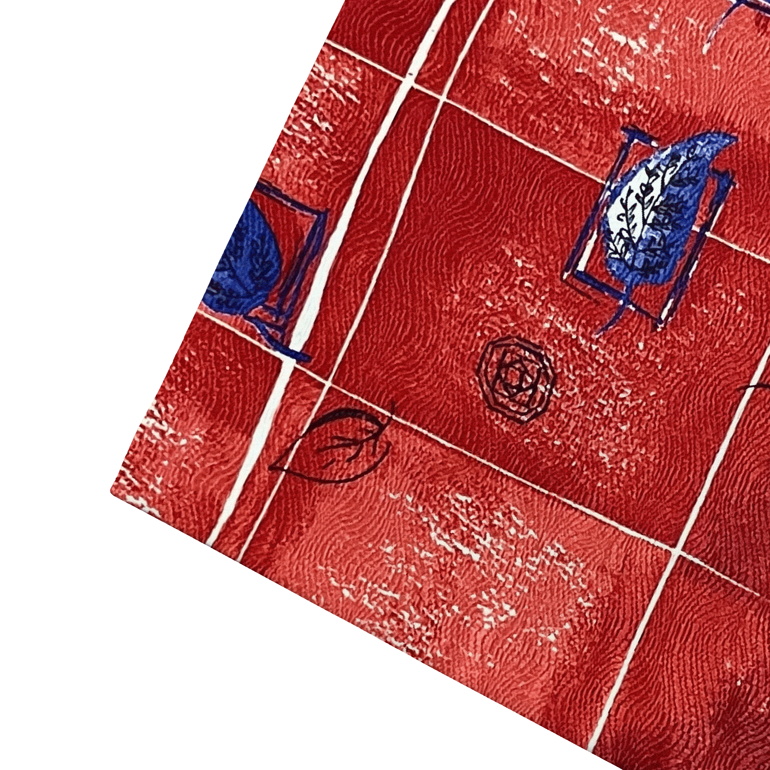 Ziertuch aus Seide, 30 x 30 cm, Stoff: rot gemustert mit Blättern in blau (6606)