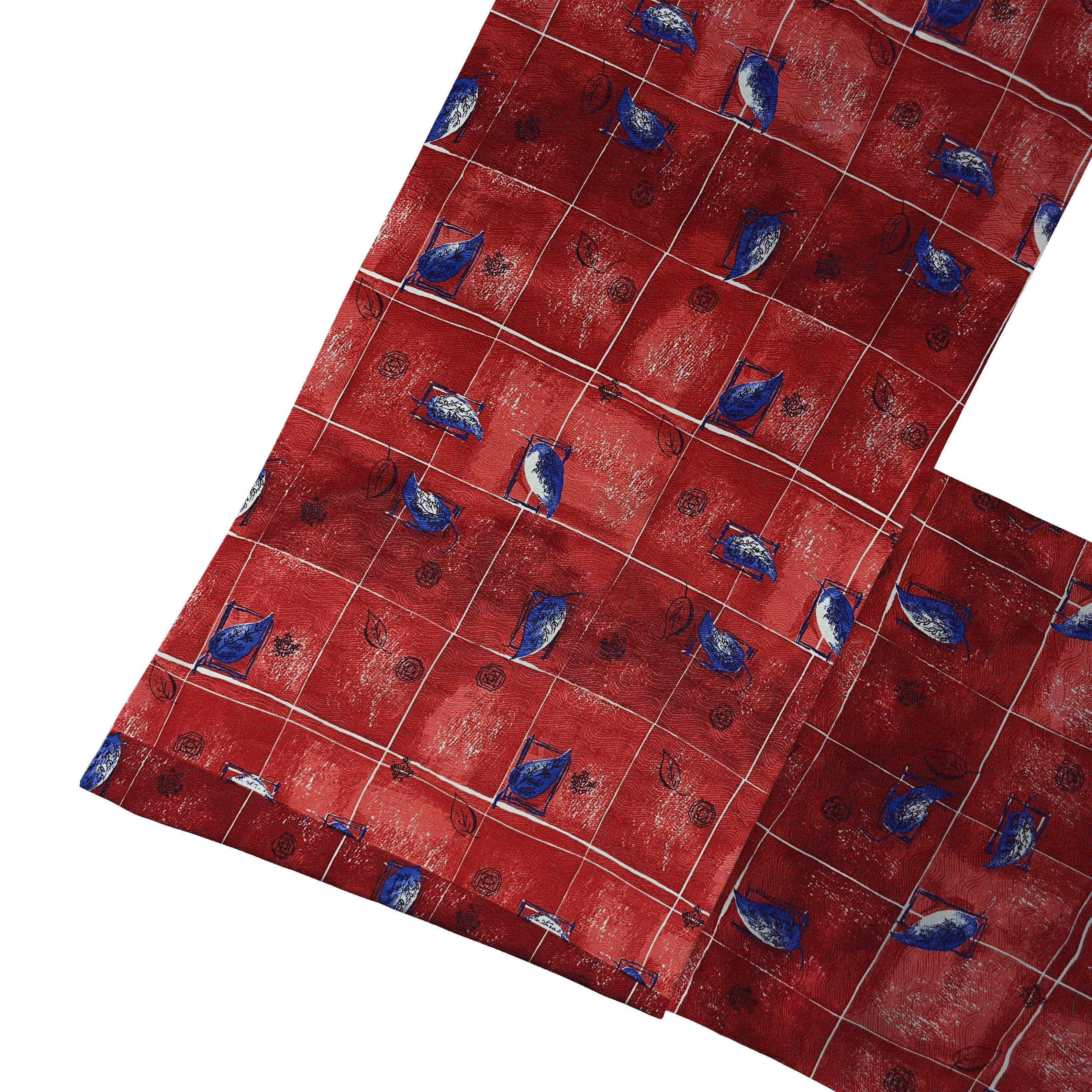 Mantelschal aus Seide, Stoff: rot gemustert mit Blättern in blau (6606)