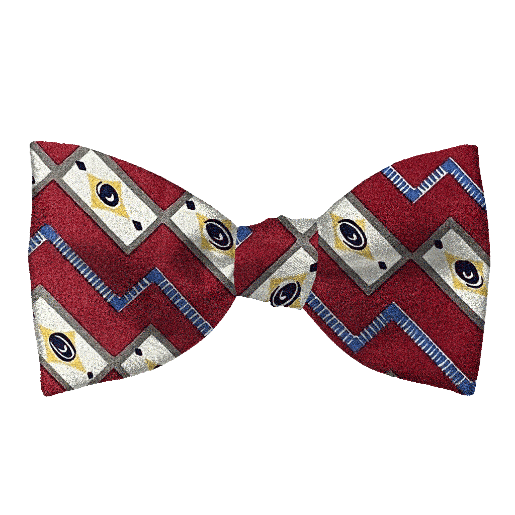 [BT-S-65-E-60-6477] Schleife aus Seide, Form: gerade, Höhe: 65, Stoff: gemustert in beige und blau auf rot (6477) (EASY: vorgebunden mit verstellbarer Größe)