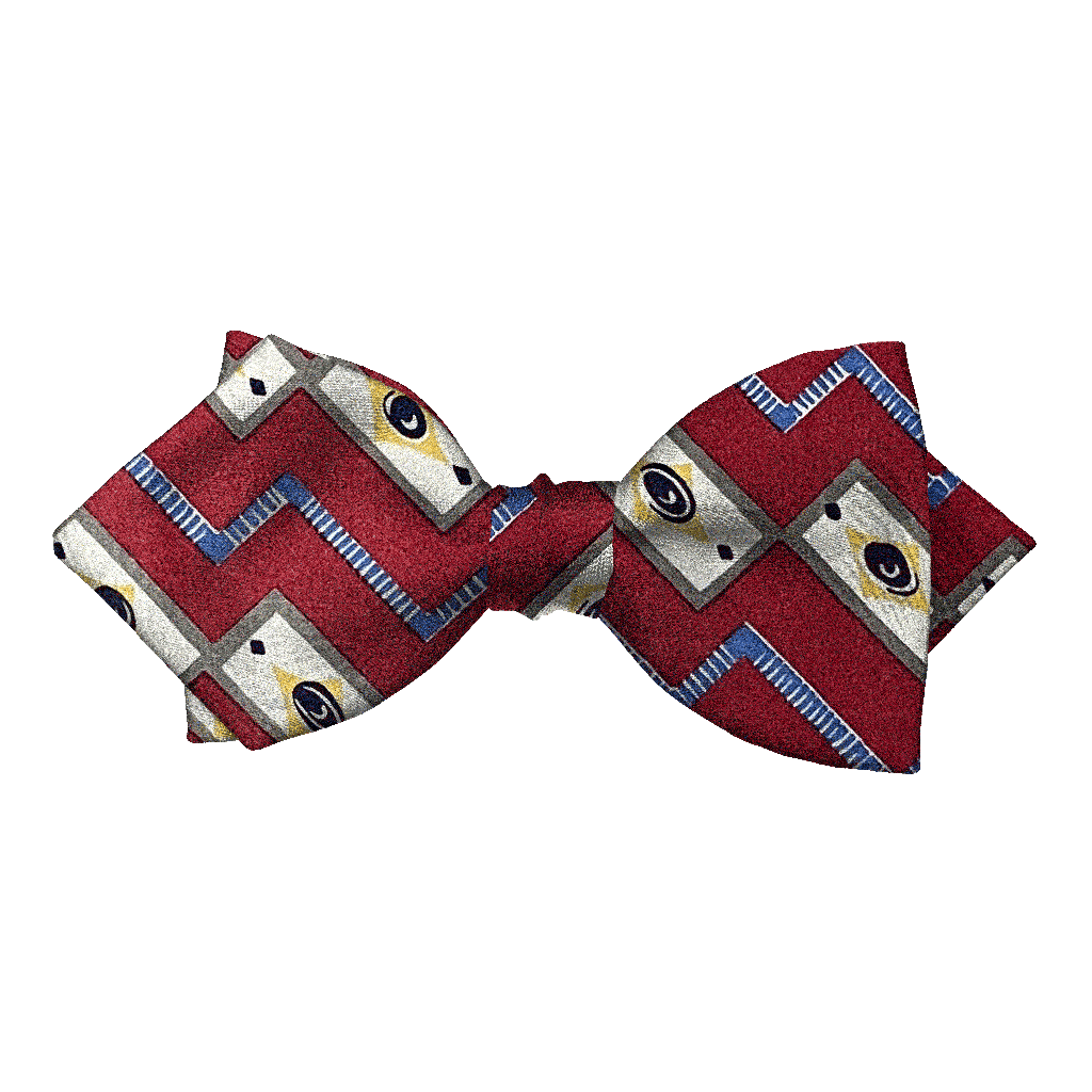 [BT-P-60-E-60-6477] Schleife aus Seide, Form: spitz, Höhe: 60, Stoff: gemustert in beige und blau auf rot (6477) (EASY: vorgebunden mit verstellbarer Größe)