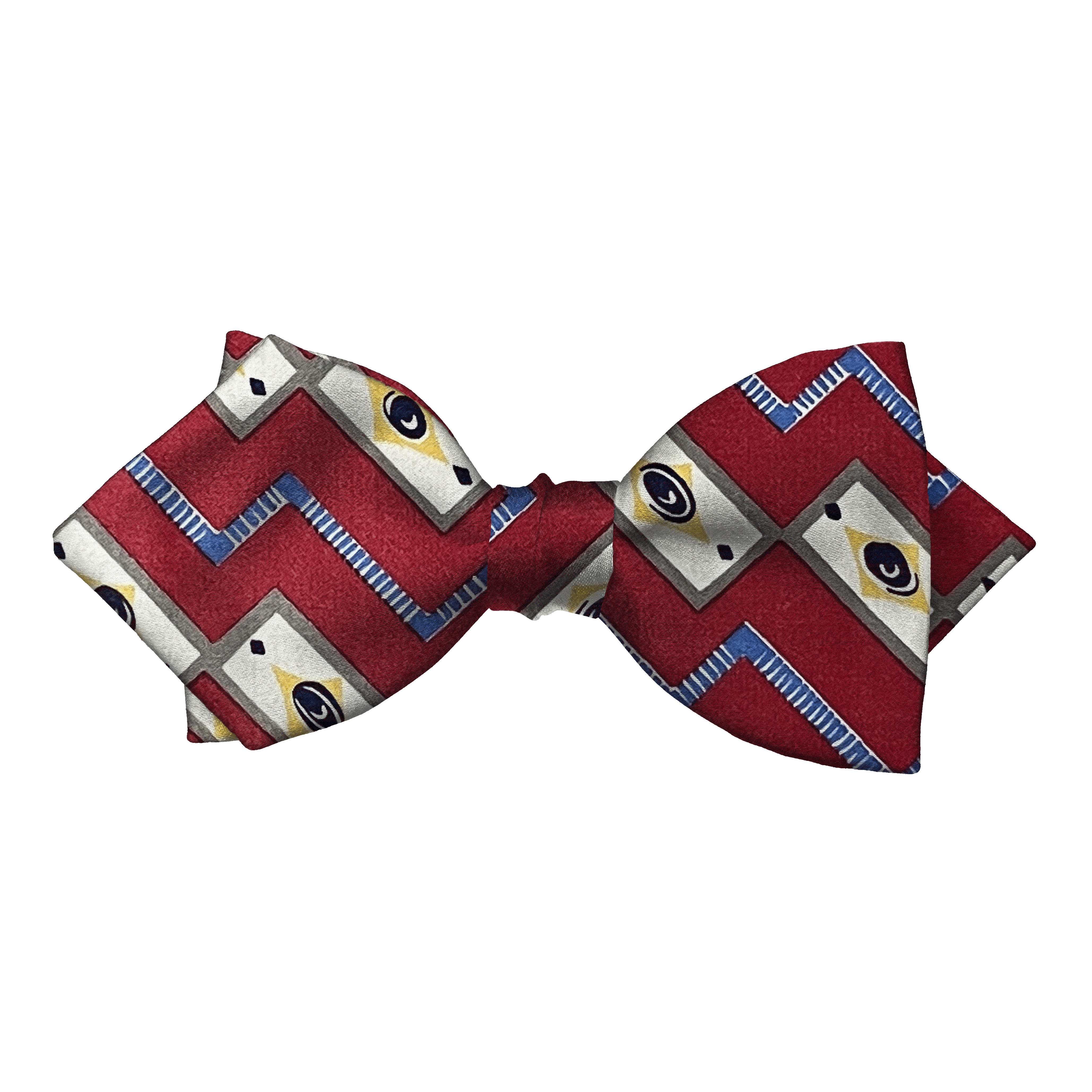 Schleife aus Seide, Form: spitz, Höhe: 60, Stoff: gemustert in beige und blau auf rot (6477)