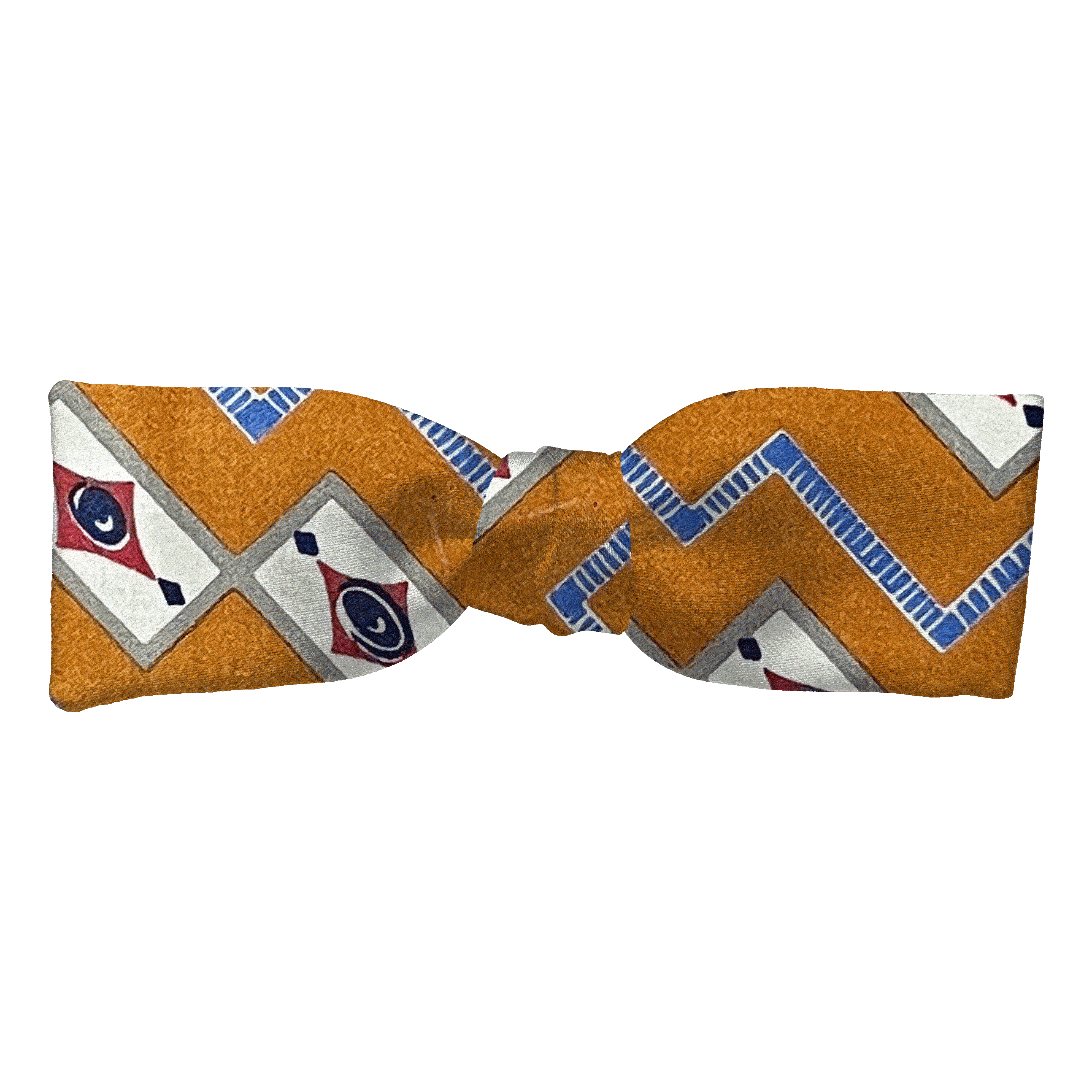 Schleife aus Seide, Form: gerade, Höhe: 35, Stoff: gemustert in beige und blau auf dunkelocker (6480)