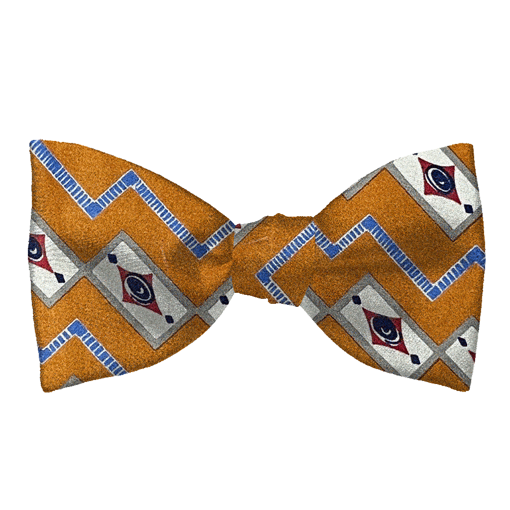 [BT-S-65-E-60-6480] Schleife aus Seide, Form: gerade, Höhe: 65, Stoff: gemustert in beige und blau auf dunkelocker (6480) (EASY: vorgebunden mit verstellbarer Größe)