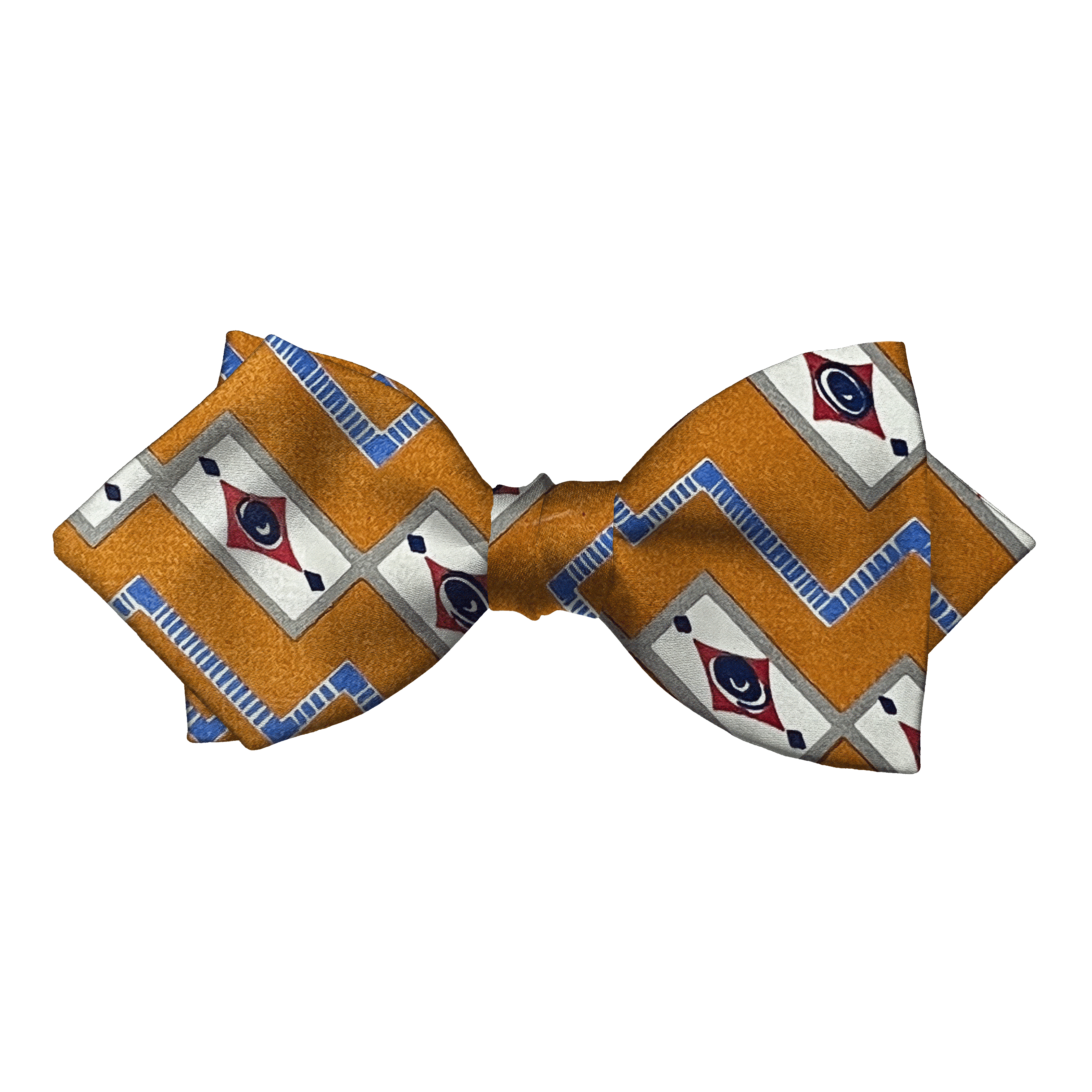 Schleife aus Seide, Form: spitz, Höhe: 60, Stoff: gemustert in beige und blau auf dunkelocker (6480)