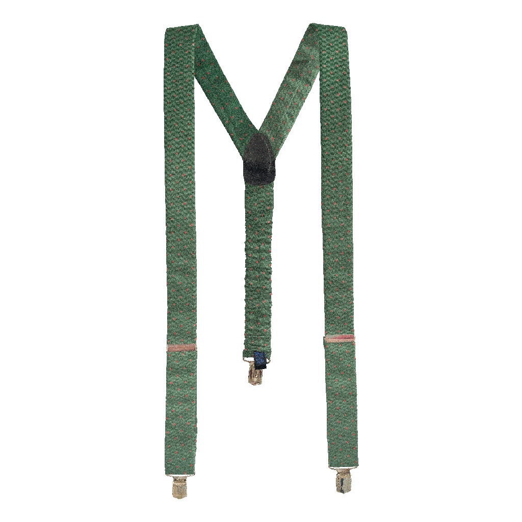 [BR-M-60-6076] Hosenträger aus Seide, Stoff: dunkelgrün mit roten Punkten (6076) (Metallklips)