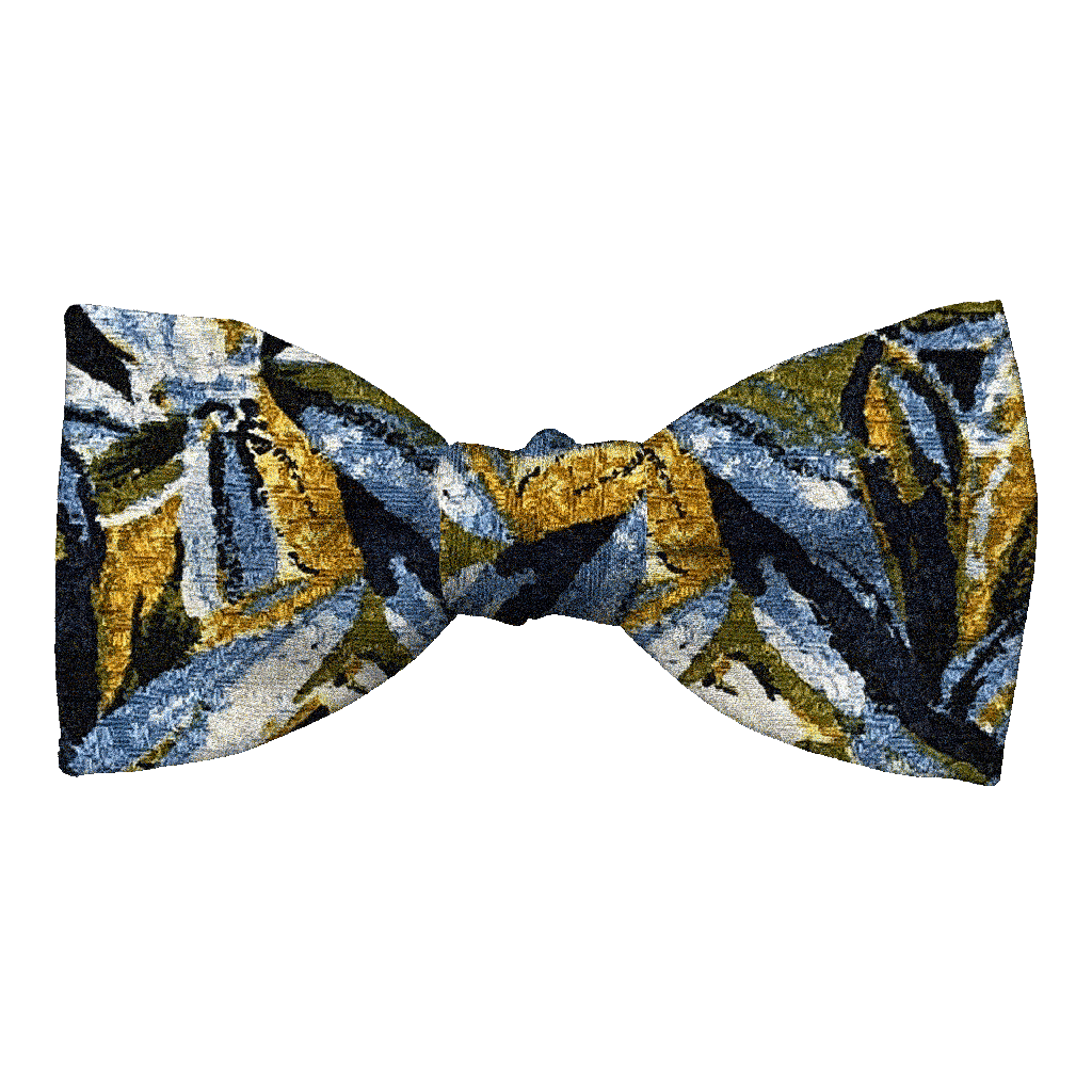 [BT-S-50-E-60-6094] Schleife aus Seide, Form: gerade, Höhe: 50, Stoff: floral gemustert in blau, grün und ocker (6094) (EASY: vorgebunden mit verstellbarer Größe)