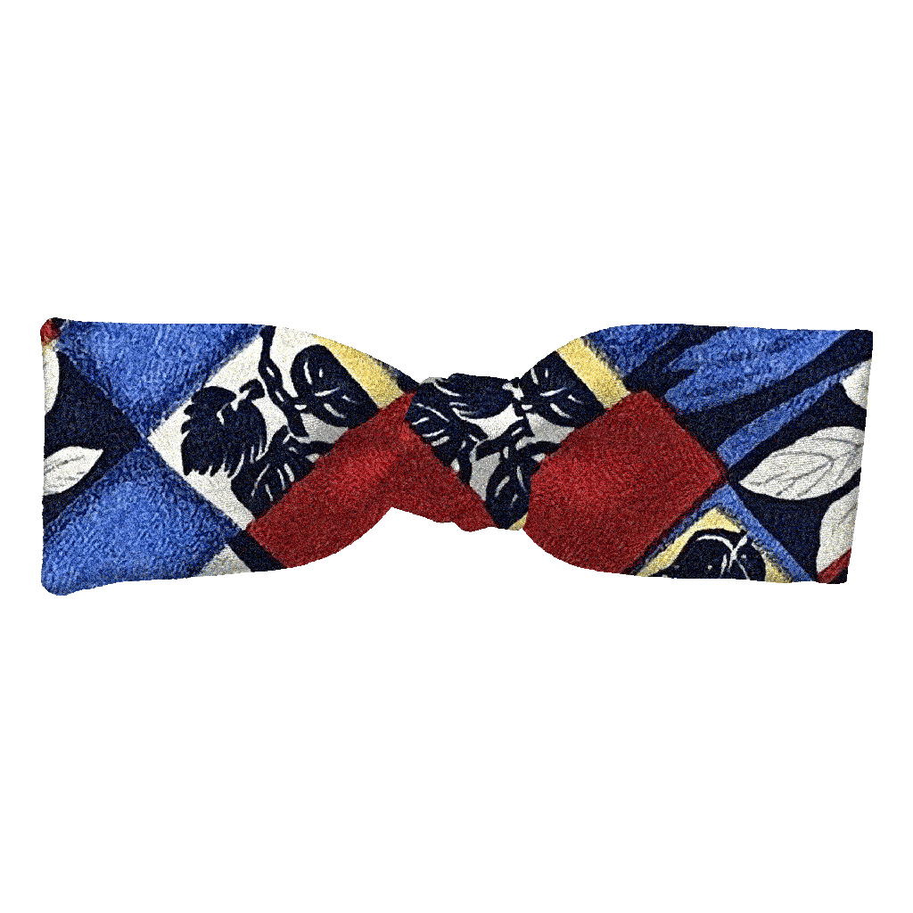 [BT-S-35-E-60-6794] Schleife aus Seide, Form: gerade, Höhe: 35, Stoff: Blätter in Rechtecken in blau, rot, gelb und weiß (6794) (EASY: vorgebunden mit verstellbarer Größe)