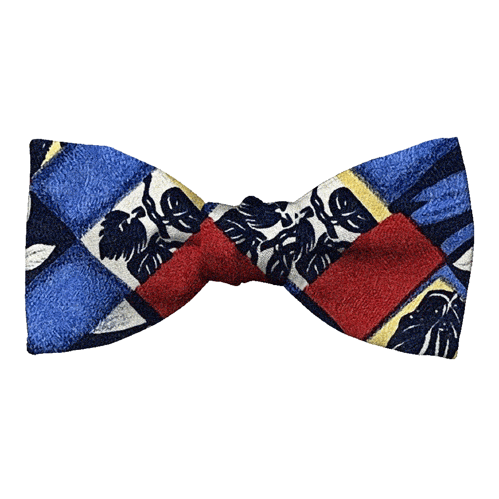 [BT-S-50-E-60-6794] Schleife aus Seide, Form: gerade, Höhe: 50, Stoff: Blätter in Rechtecken in blau, rot, gelb und weiß (6794) (EASY: vorgebunden mit verstellbarer Größe)