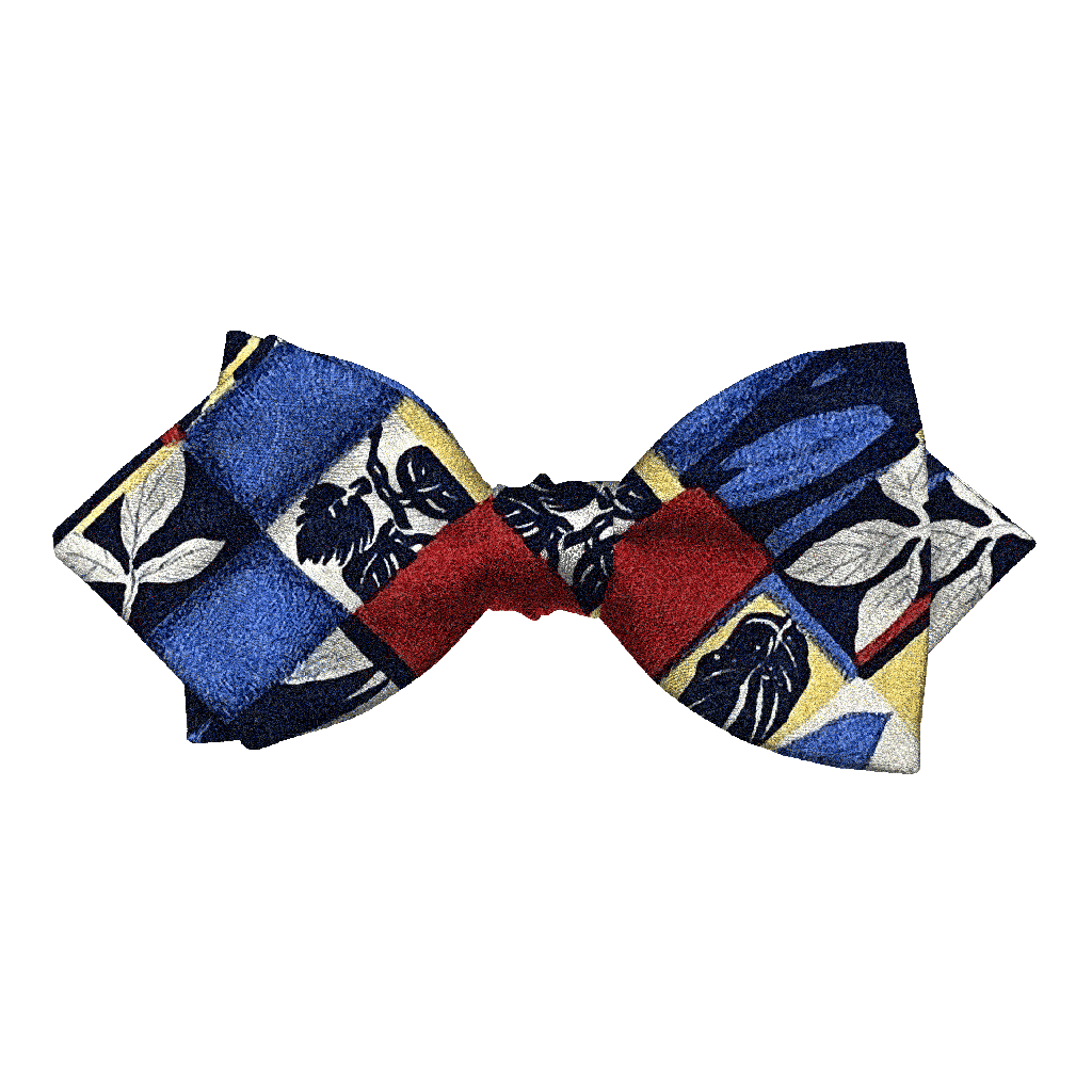 [BT-P-60-E-60-6794] Schleife aus Seide, Form: spitz, Höhe: 60, Stoff: Blätter in Rechtecken in blau, rot, gelb und weiß (6794) (EASY: vorgebunden mit verstellbarer Größe)