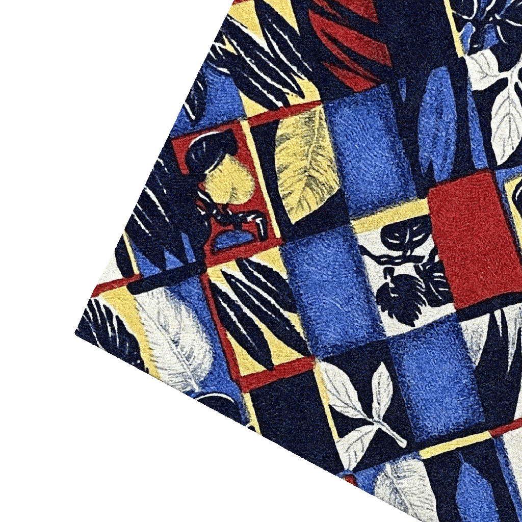 [PS-S300-60-6794] Ziertuch aus Seide, 30 x 30 cm, Stoff: Blätter in Rechtecken in blau, rot, gelb und weiß (6794)