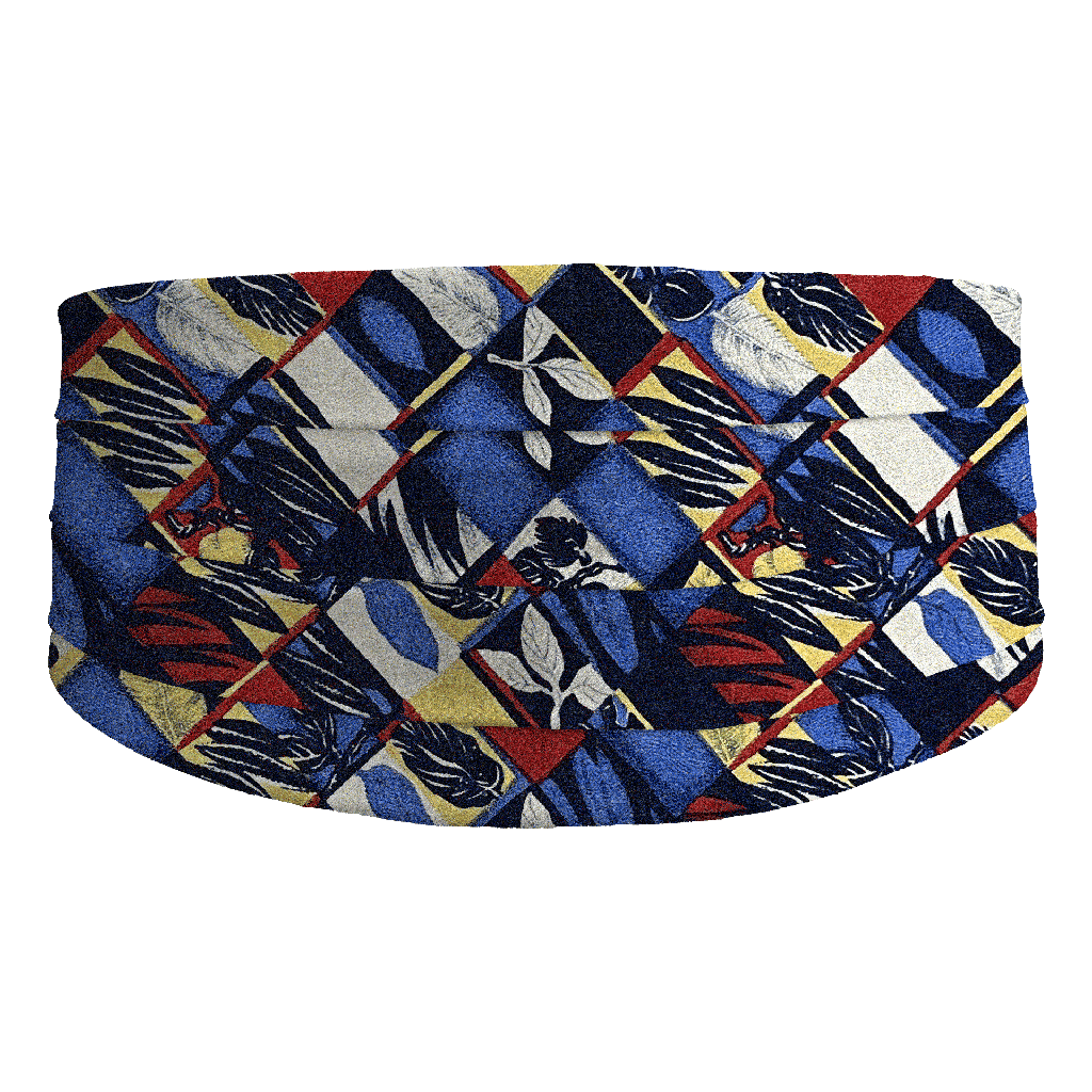 [CB-S-60-6794] Kummerbund aus Seide, Stoff: Blätter in Rechtecken in blau, rot, gelb und weiß (6794) (48)