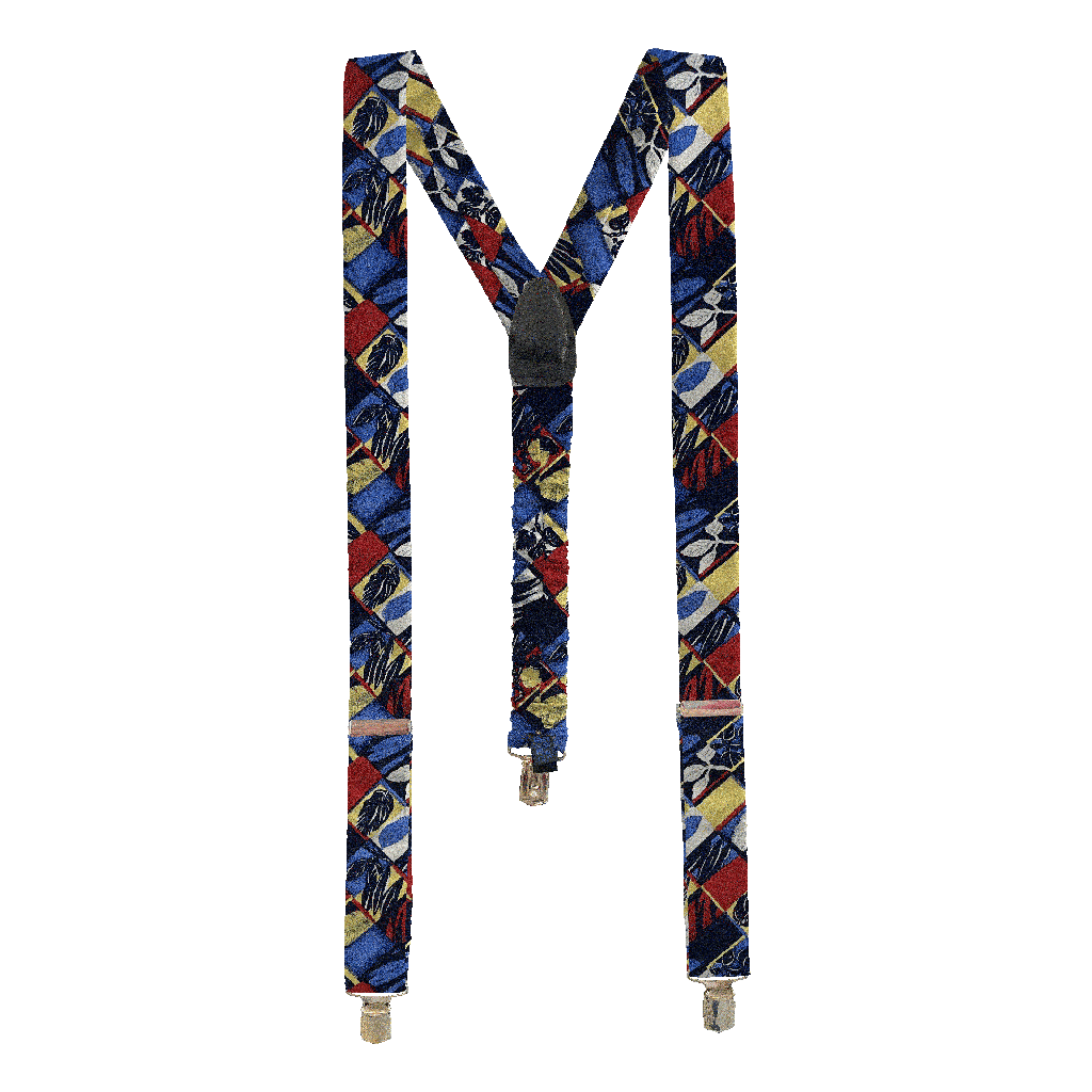 [BR-M-60-6794] Hosenträger aus Seide, Stoff: Blätter in Rechtecken in blau, rot, gelb und weiß (6794) (Metallklips)