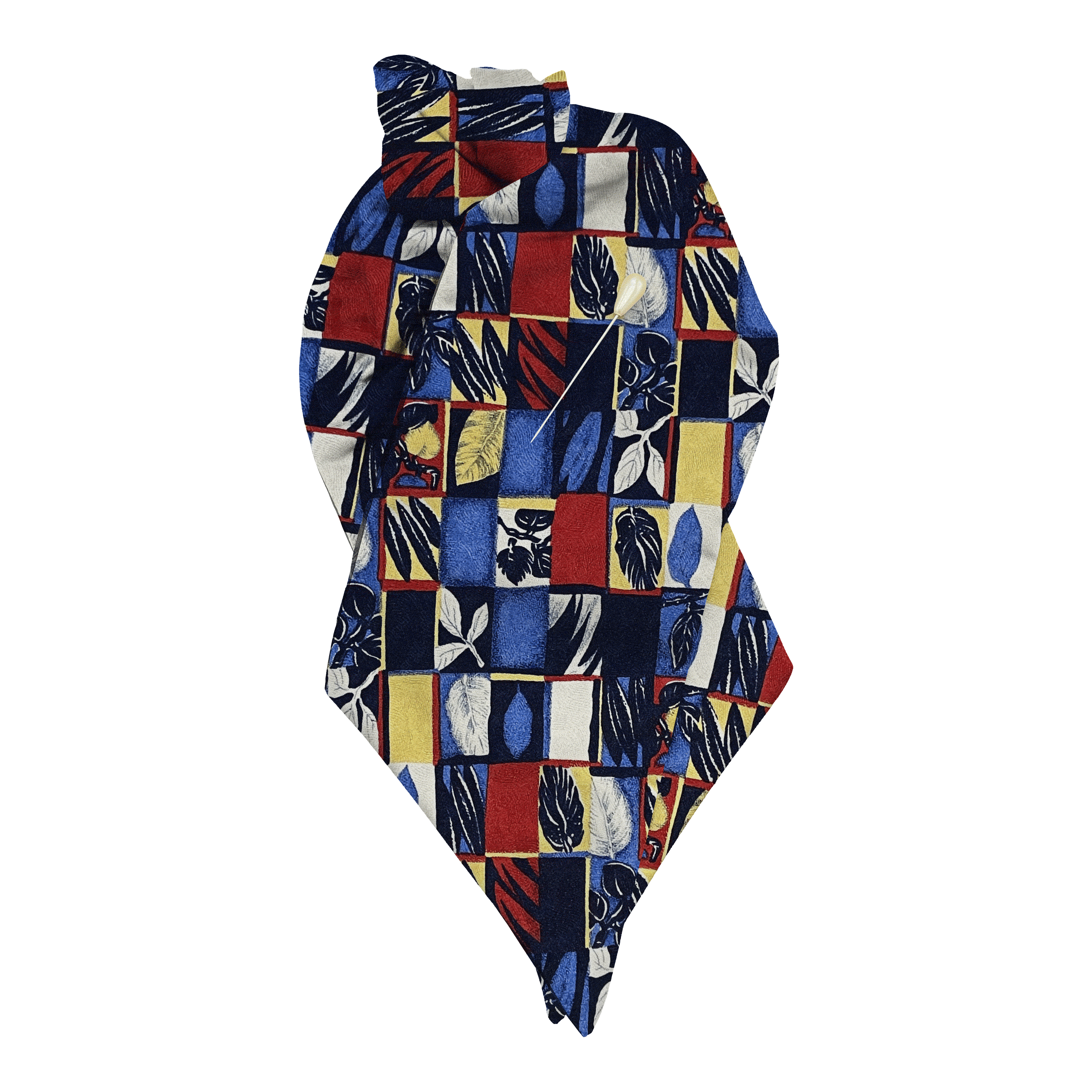 [PL-N-60-6794] Plastron aus Seide, Stoff: Blätter in Rechtecken in blau, rot, gelb und weiß (6794) (mit Nadel)