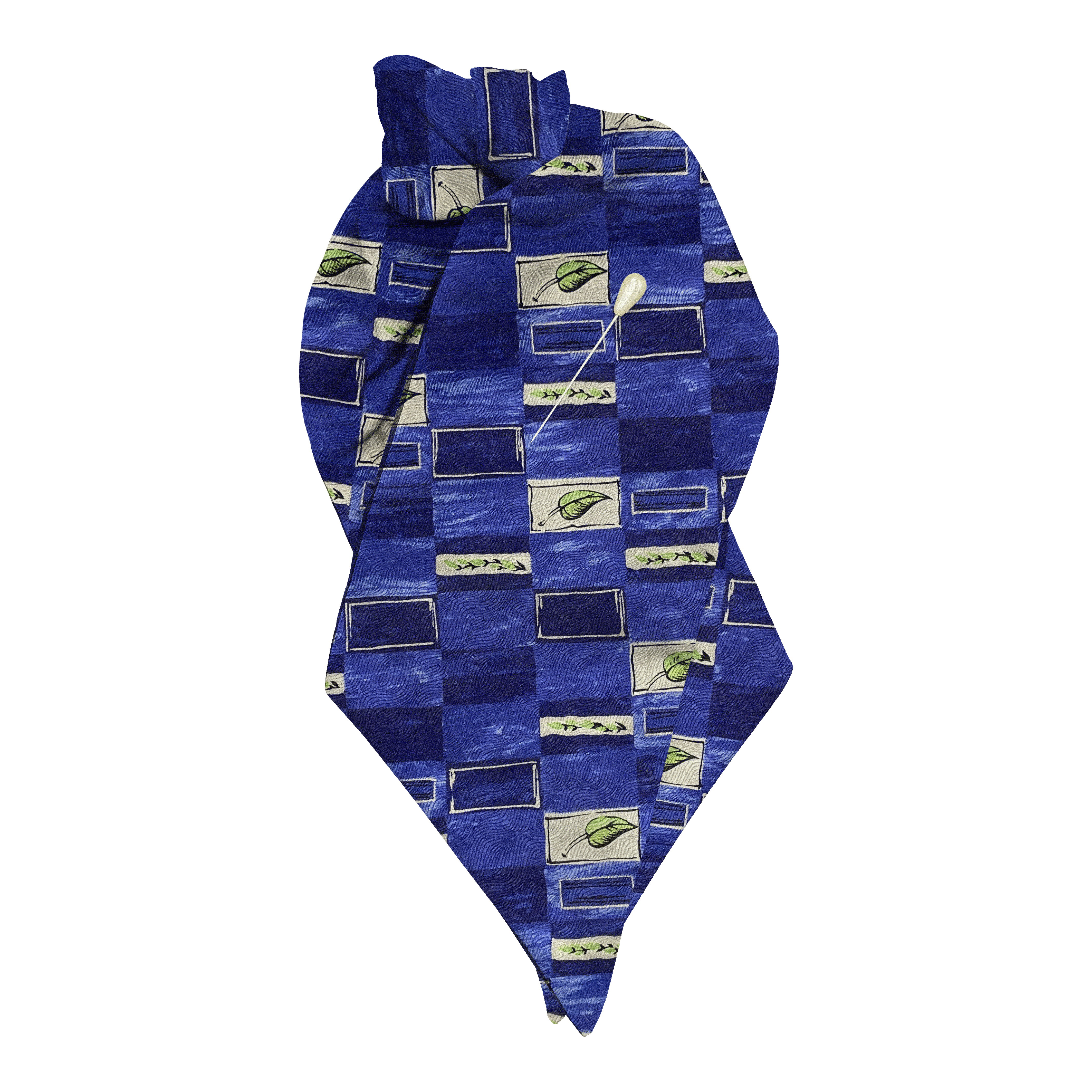 [PL-N-60-6604] Plastron aus Seide, Stoff: blau-weiß gemustert mit Blättern in grün (6604) (mit Nadel)